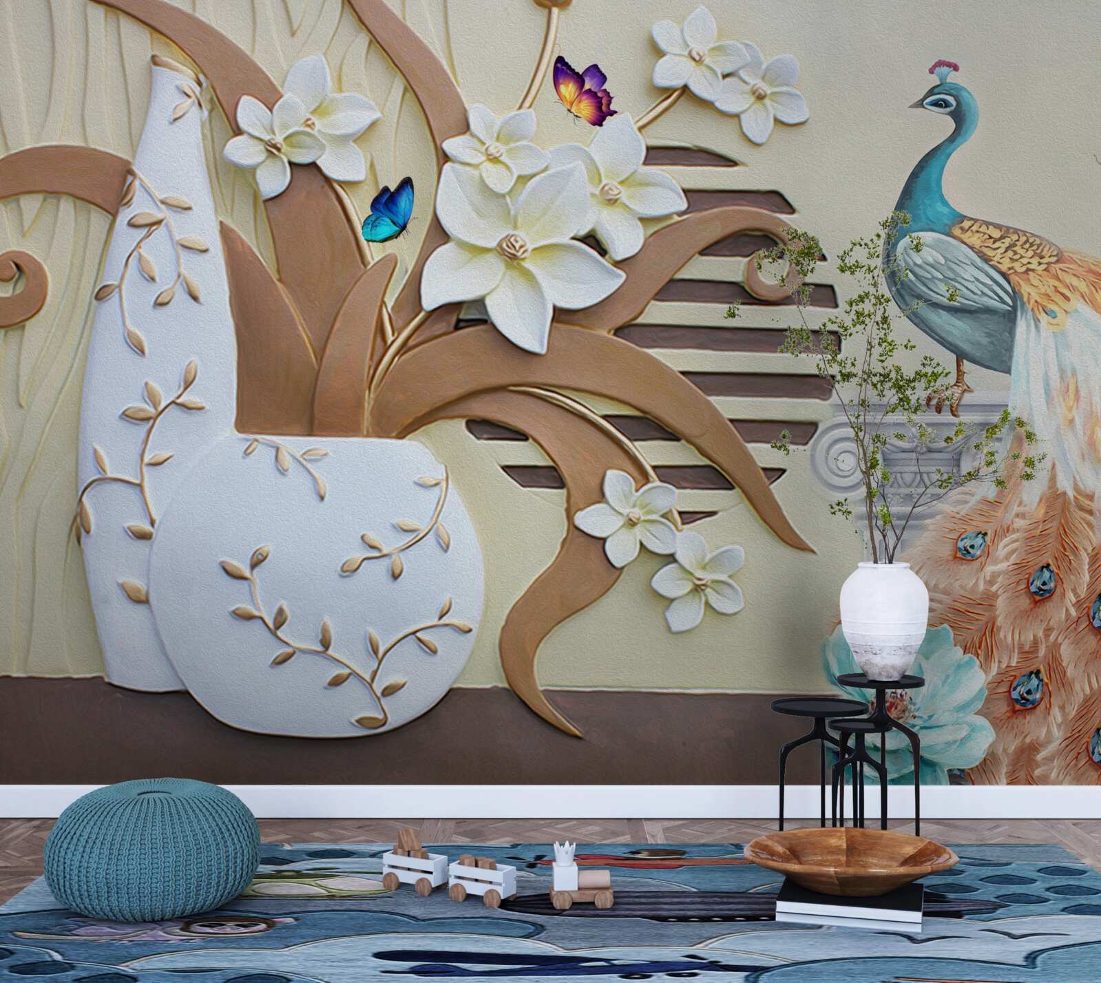 Fototapeta kwiatowy luksus i paw ze wspaniałym ogonem