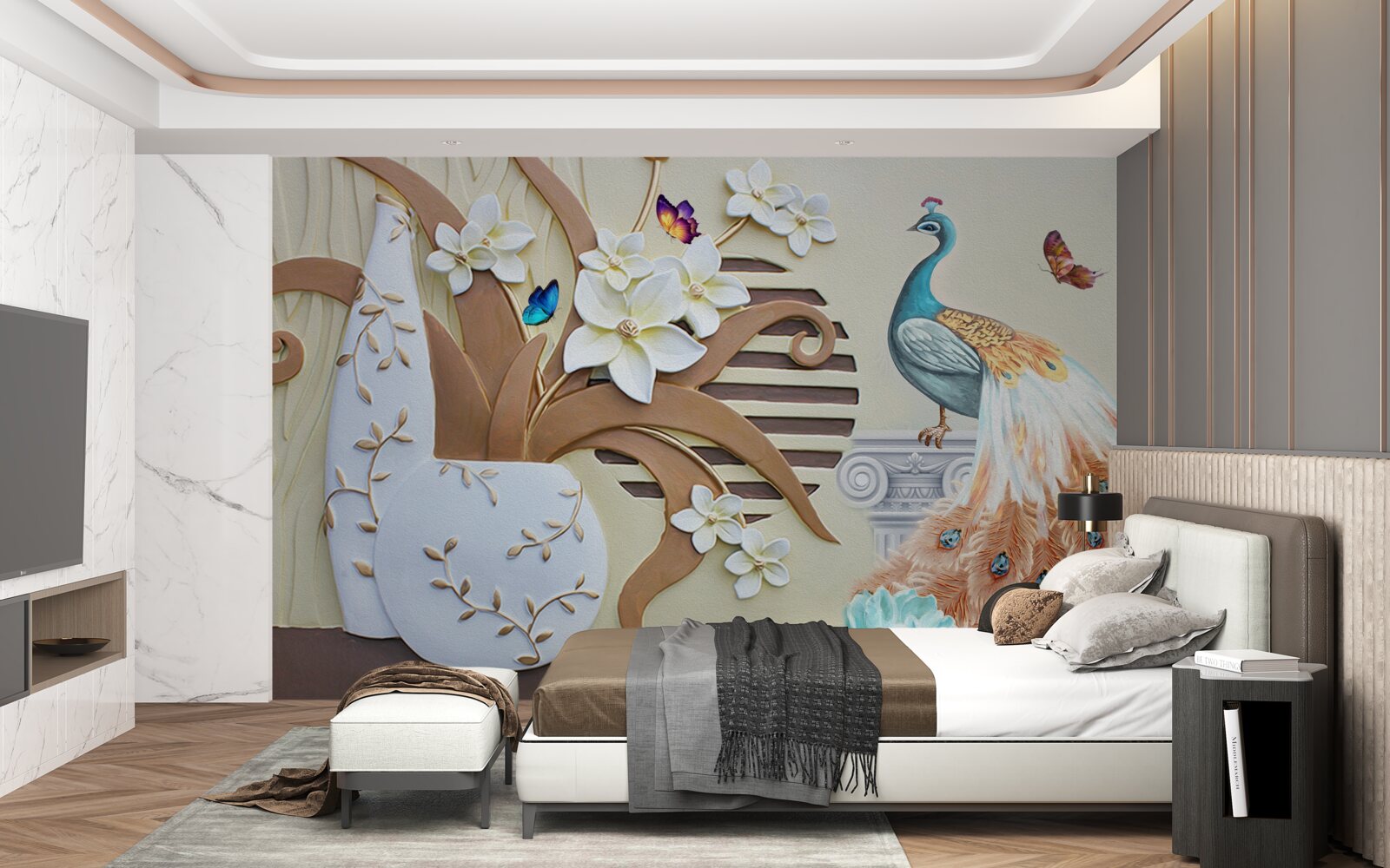 Fototapeta kwiatowy luksus i paw ze wspaniałym ogonem