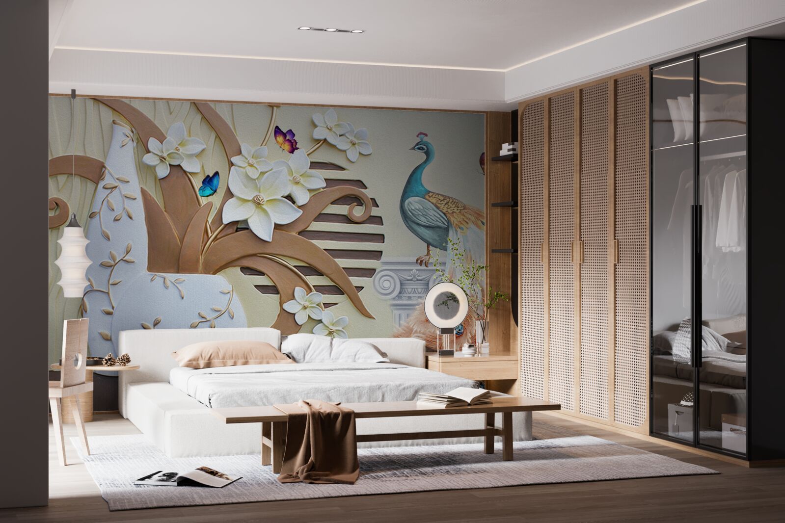 Fototapeta kwiatowy luksus i paw ze wspaniałym ogonem