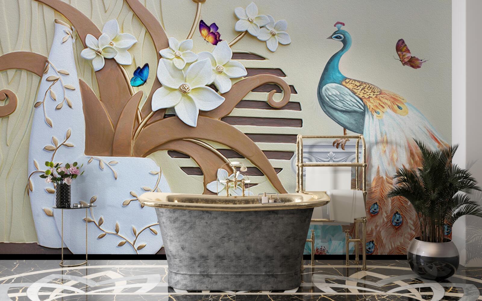 Fototapeta kwiatowy luksus i paw ze wspaniałym ogonem