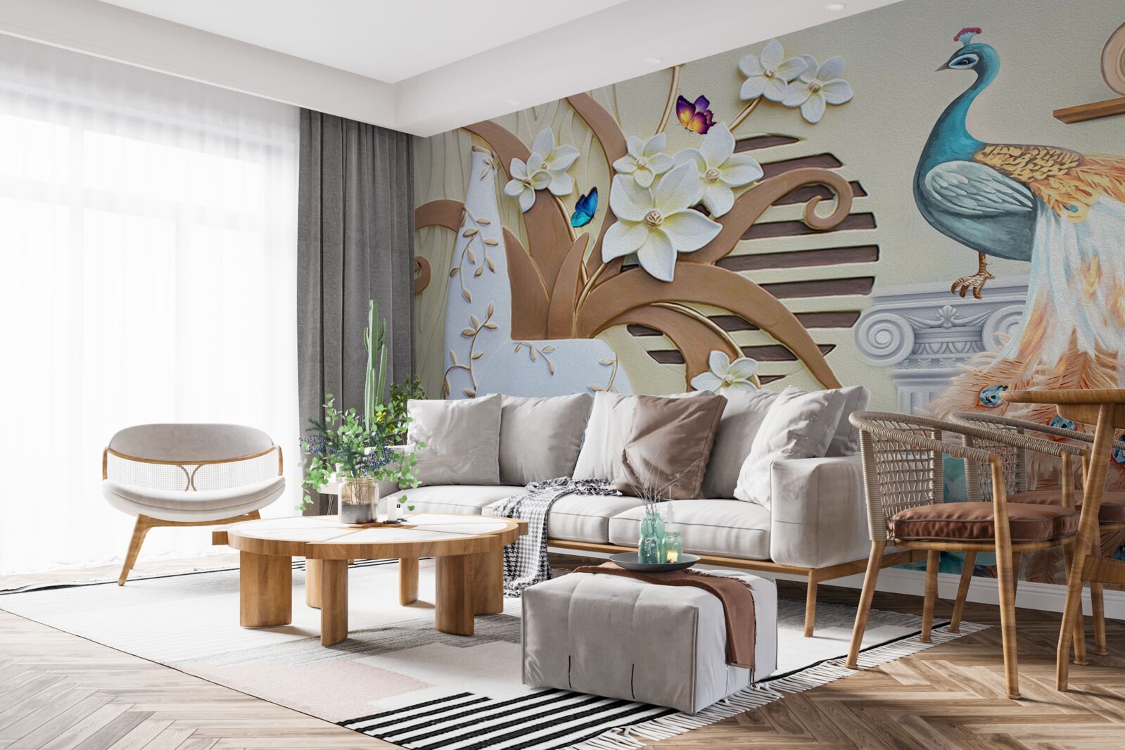 Fototapeta kwiatowy luksus i paw ze wspaniałym ogonem