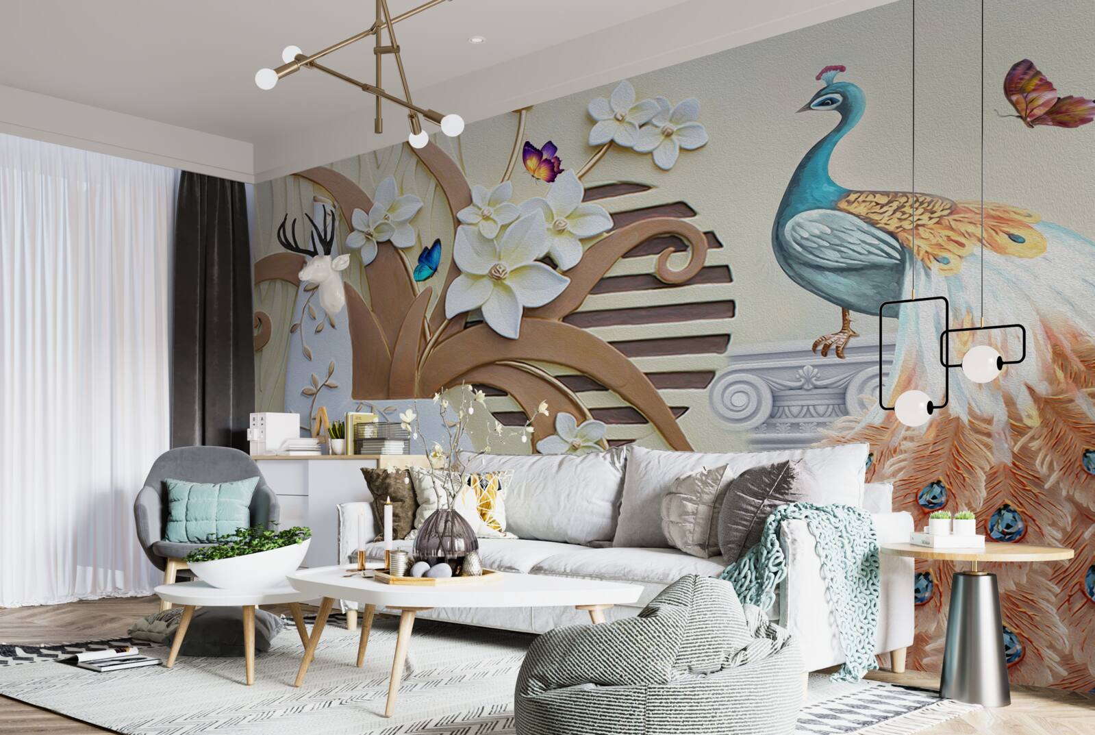 Fototapeta kwiatowy luksus i paw ze wspaniałym ogonem