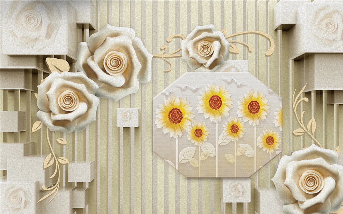 Fototapeta bladozłota róża i słoneczniki