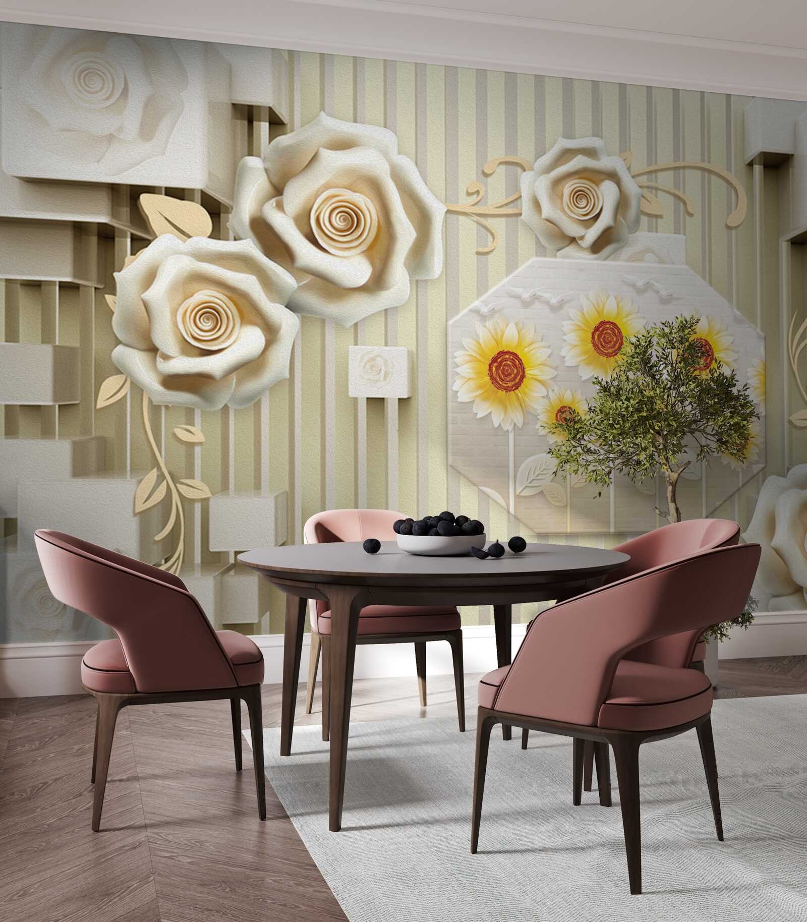 Fototapeta bladozłota róża i słoneczniki