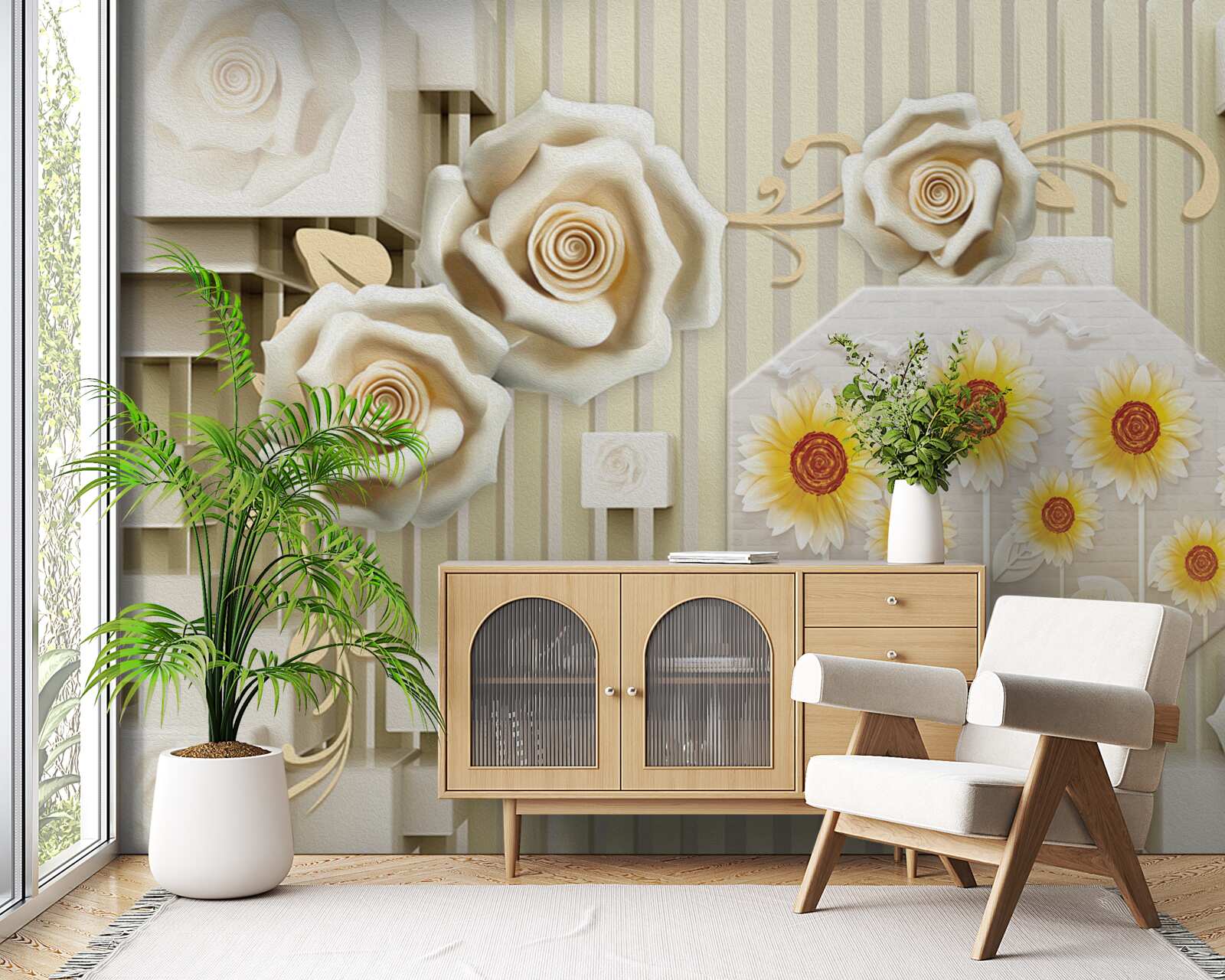 Fototapeta bladozłota róża i słoneczniki