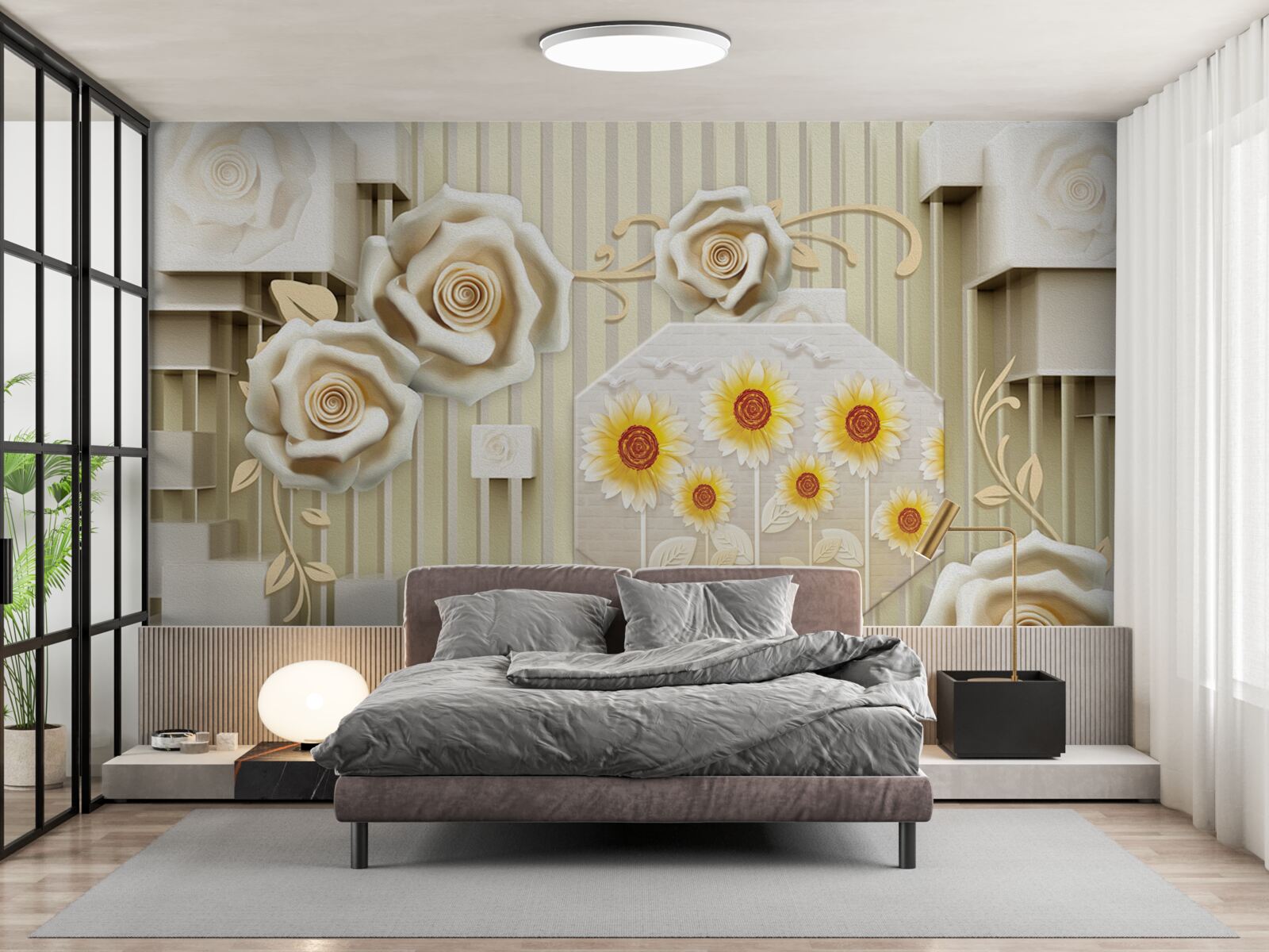 Fototapeta bladozłota róża i słoneczniki