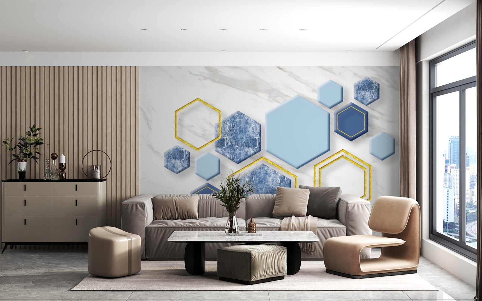 Fototapeta pięciokątne obrazy wykonane z marmuru ze złotymi krawędziami