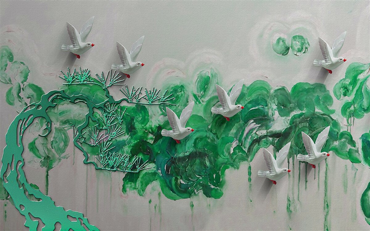 Fototapeta białe ptaki i zielone liście