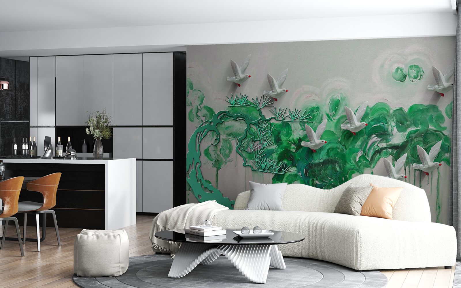 Fototapeta białe ptaki i zielone liście