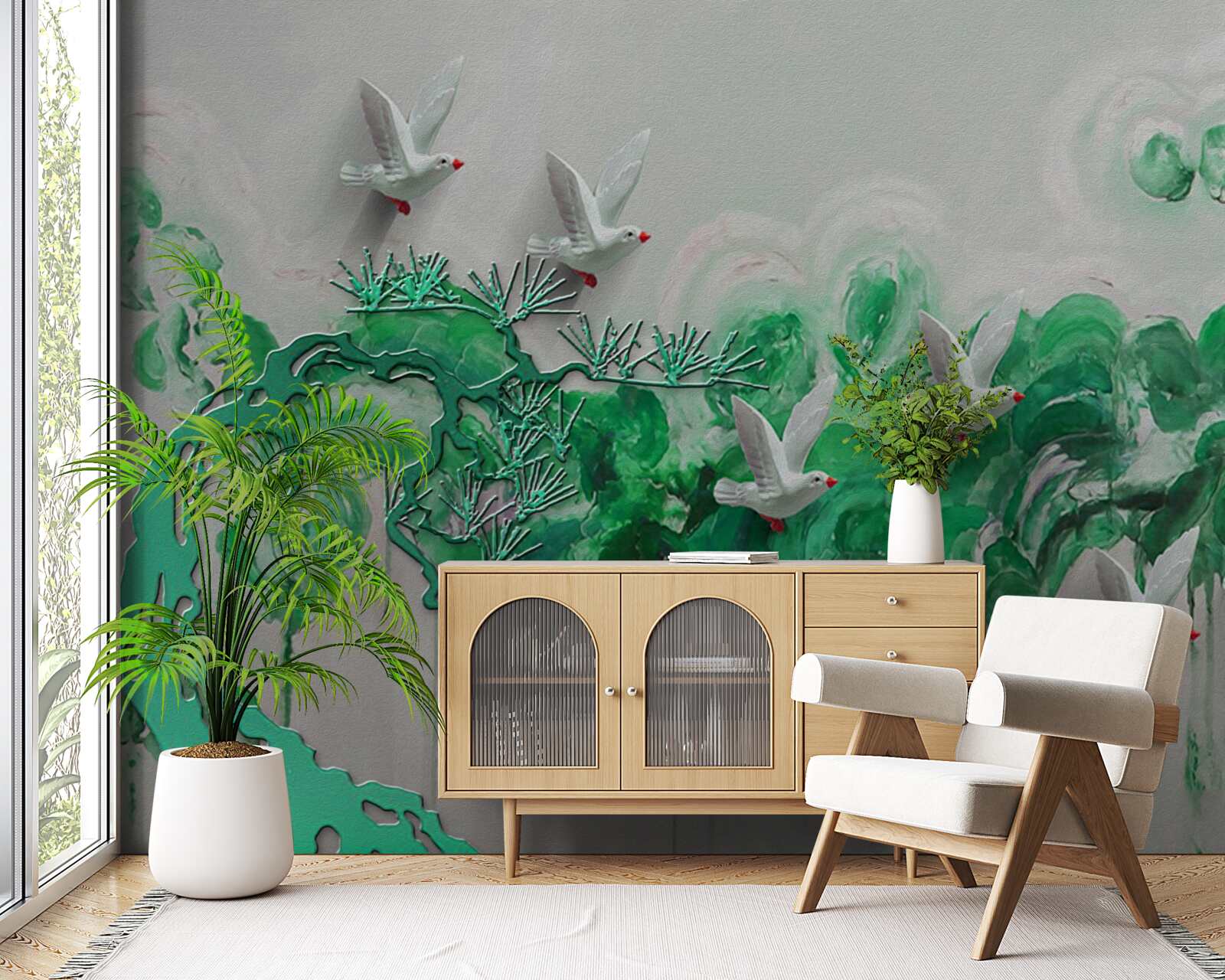 Fototapeta białe ptaki i zielone liście