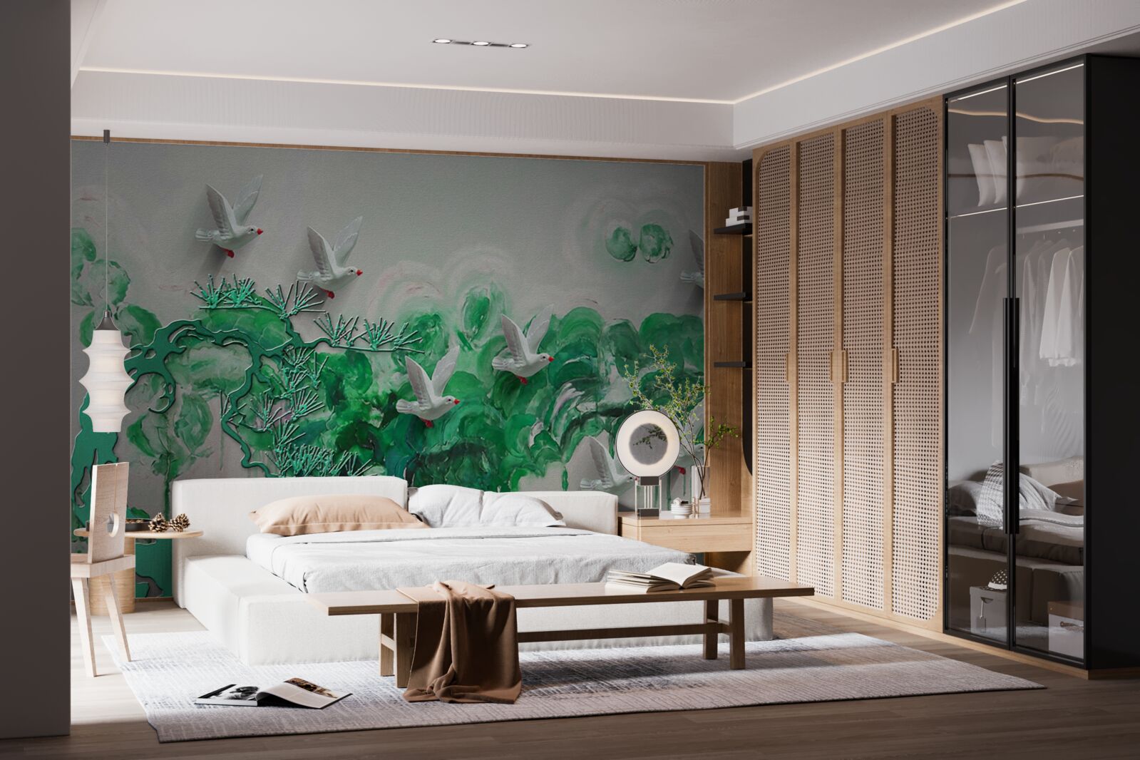 Fototapeta białe ptaki i zielone liście