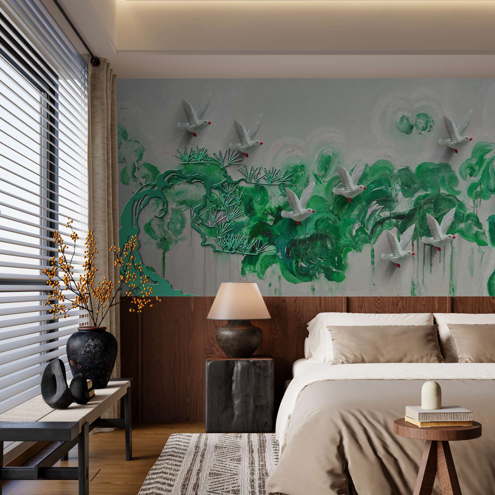 Fototapeta białe ptaki i zielone liście