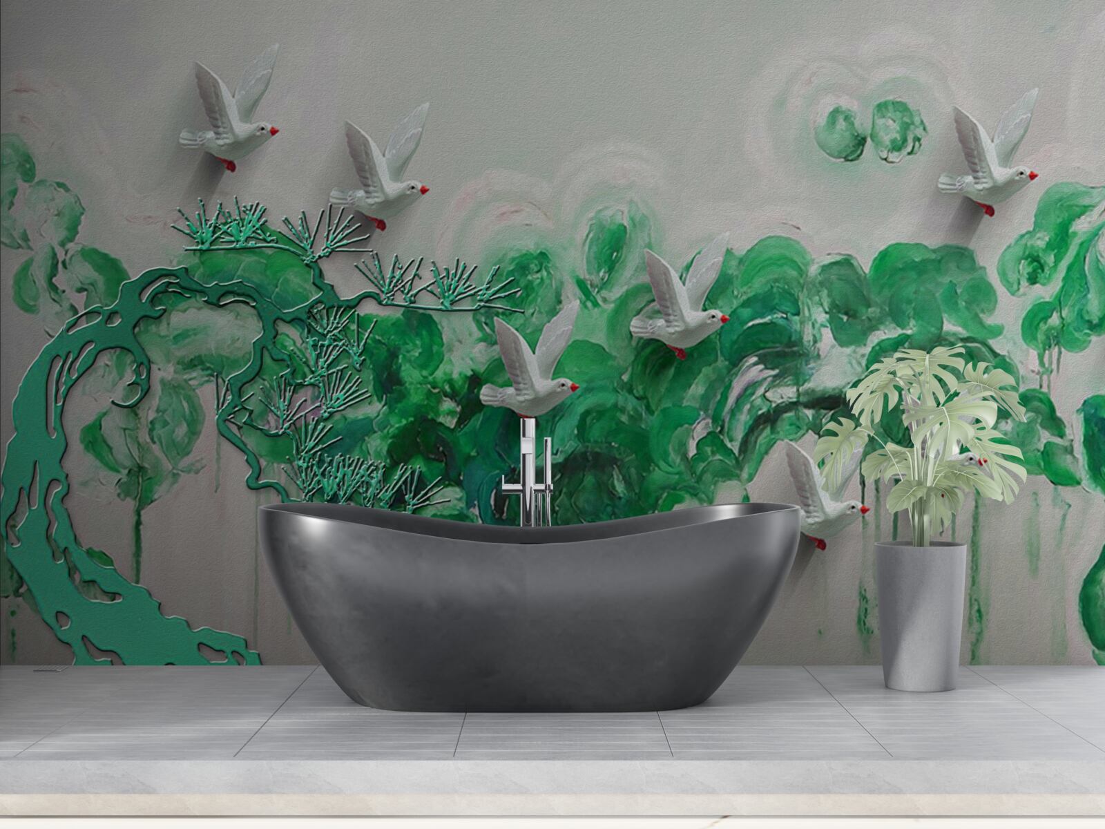 Fototapeta białe ptaki i zielone liście