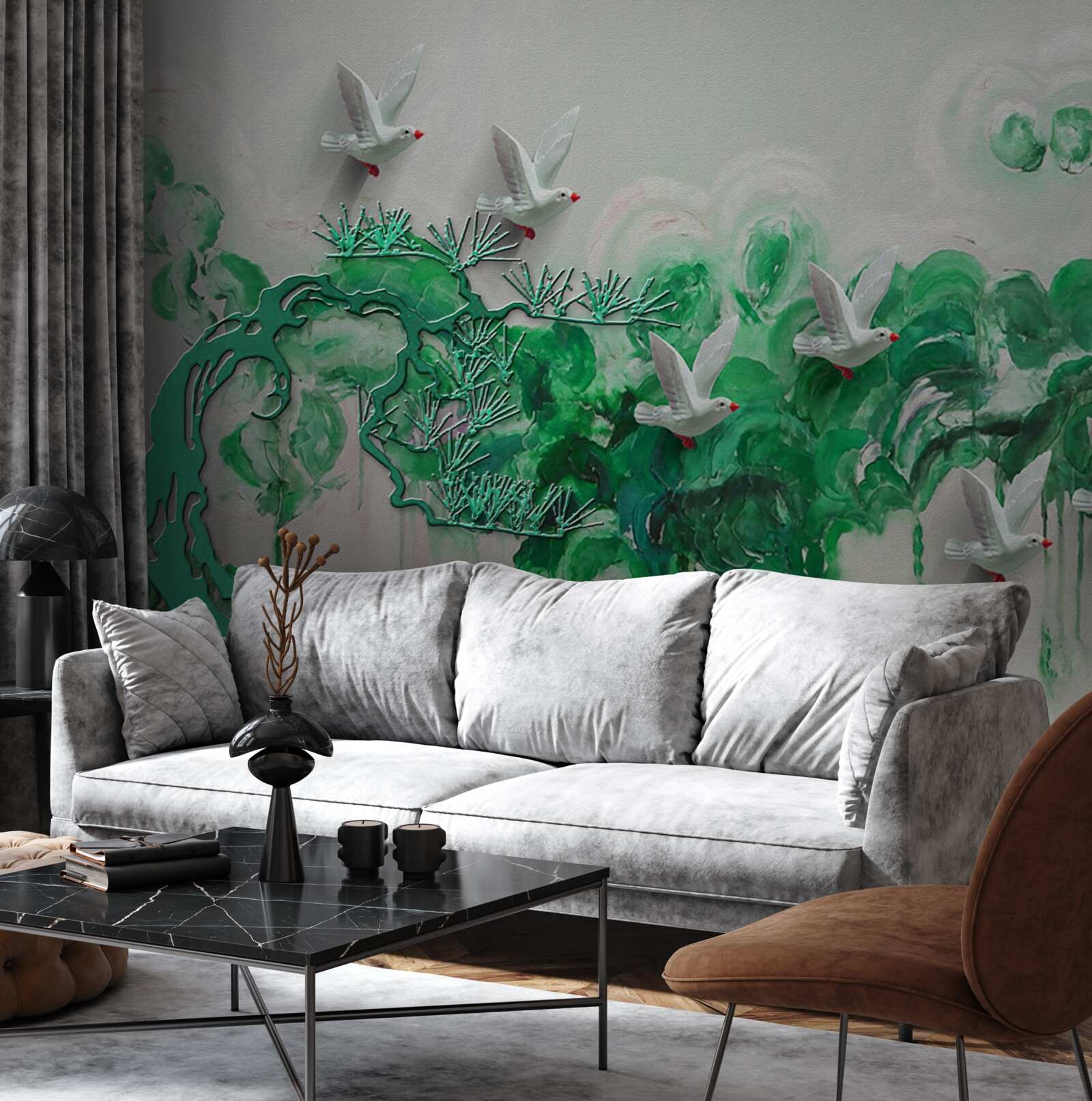 Fototapeta białe ptaki i zielone liście