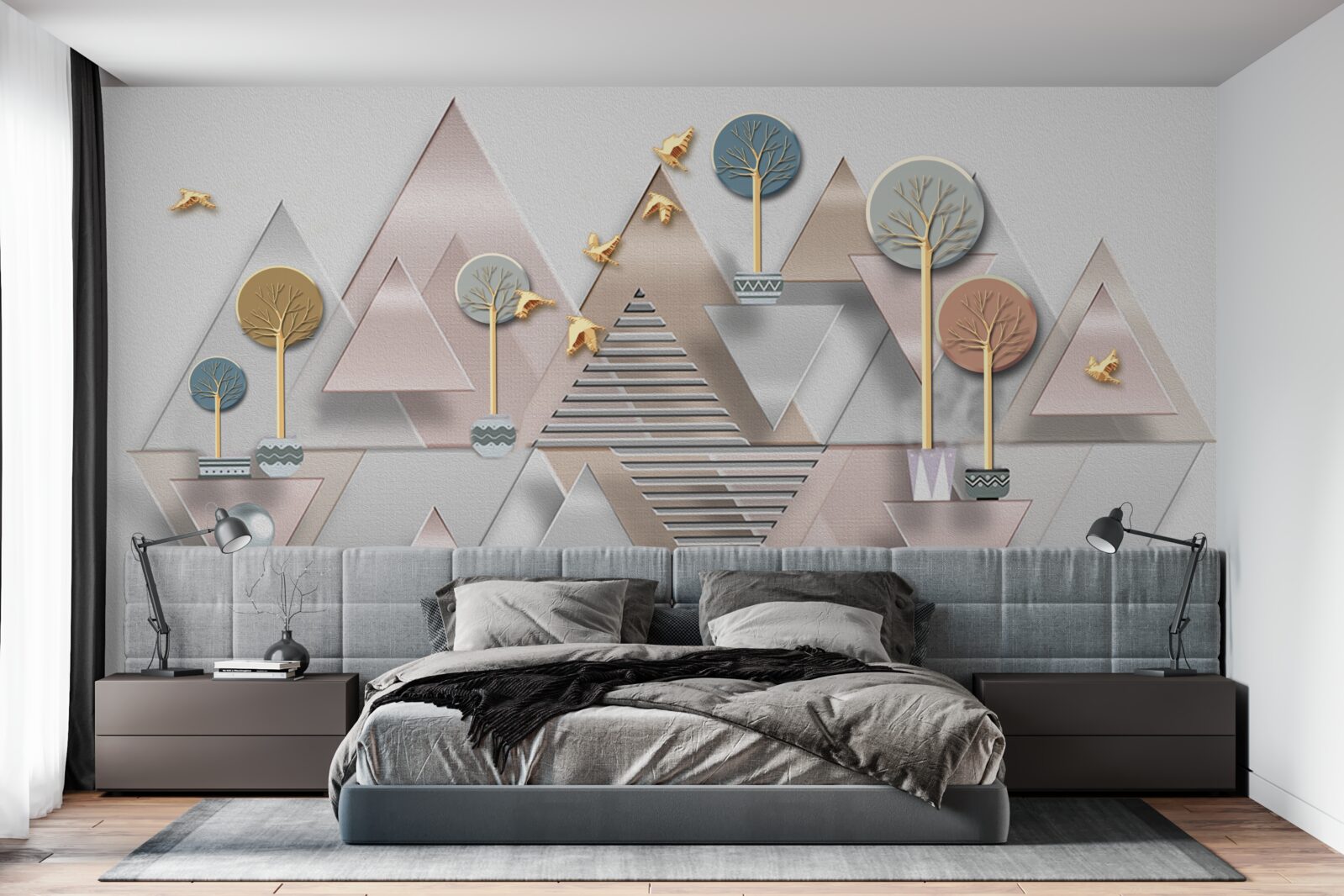 Fototapeta odbicie lasu w wodzie przedstawione jest w formie geometrycznej abstrakcji