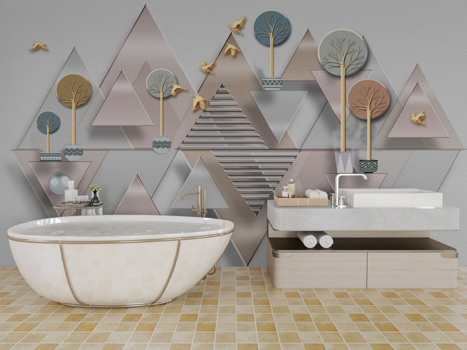 Fototapeta odbicie lasu w wodzie przedstawione jest w formie geometrycznej abstrakcji