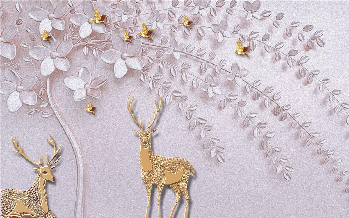 Fototapeta majestatyczny złoty jeleń w pobliżu kwitnącego drzewa