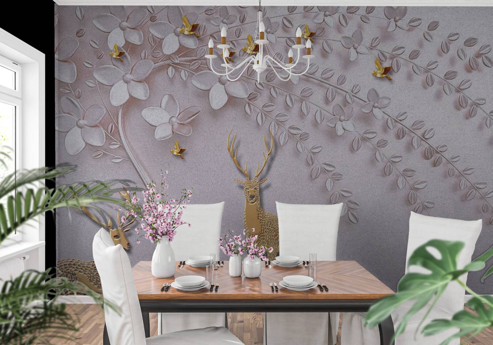 Fototapeta majestatyczny złoty jeleń w pobliżu kwitnącego drzewa