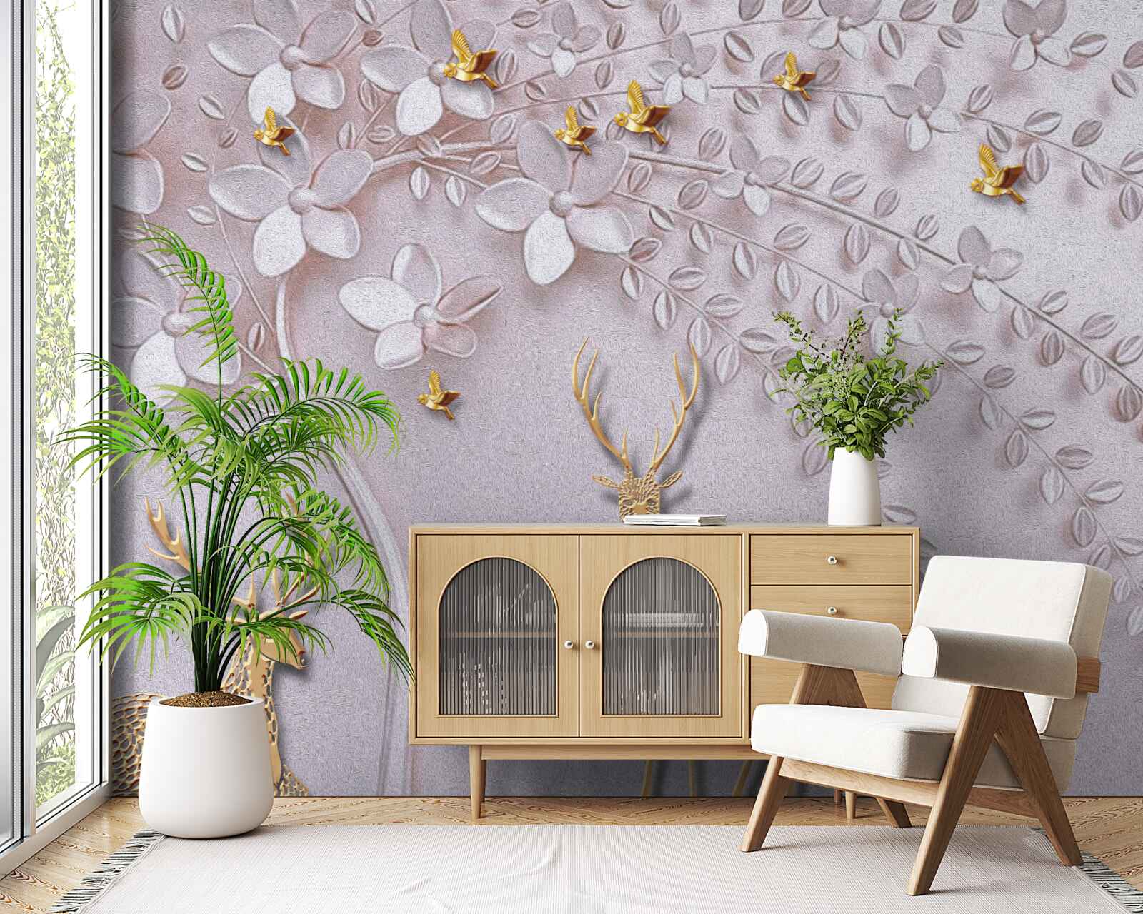 Fototapeta majestatyczny złoty jeleń w pobliżu kwitnącego drzewa