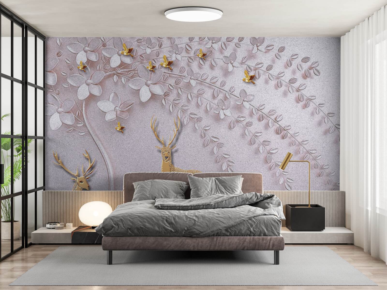 Fototapeta majestatyczny złoty jeleń w pobliżu kwitnącego drzewa