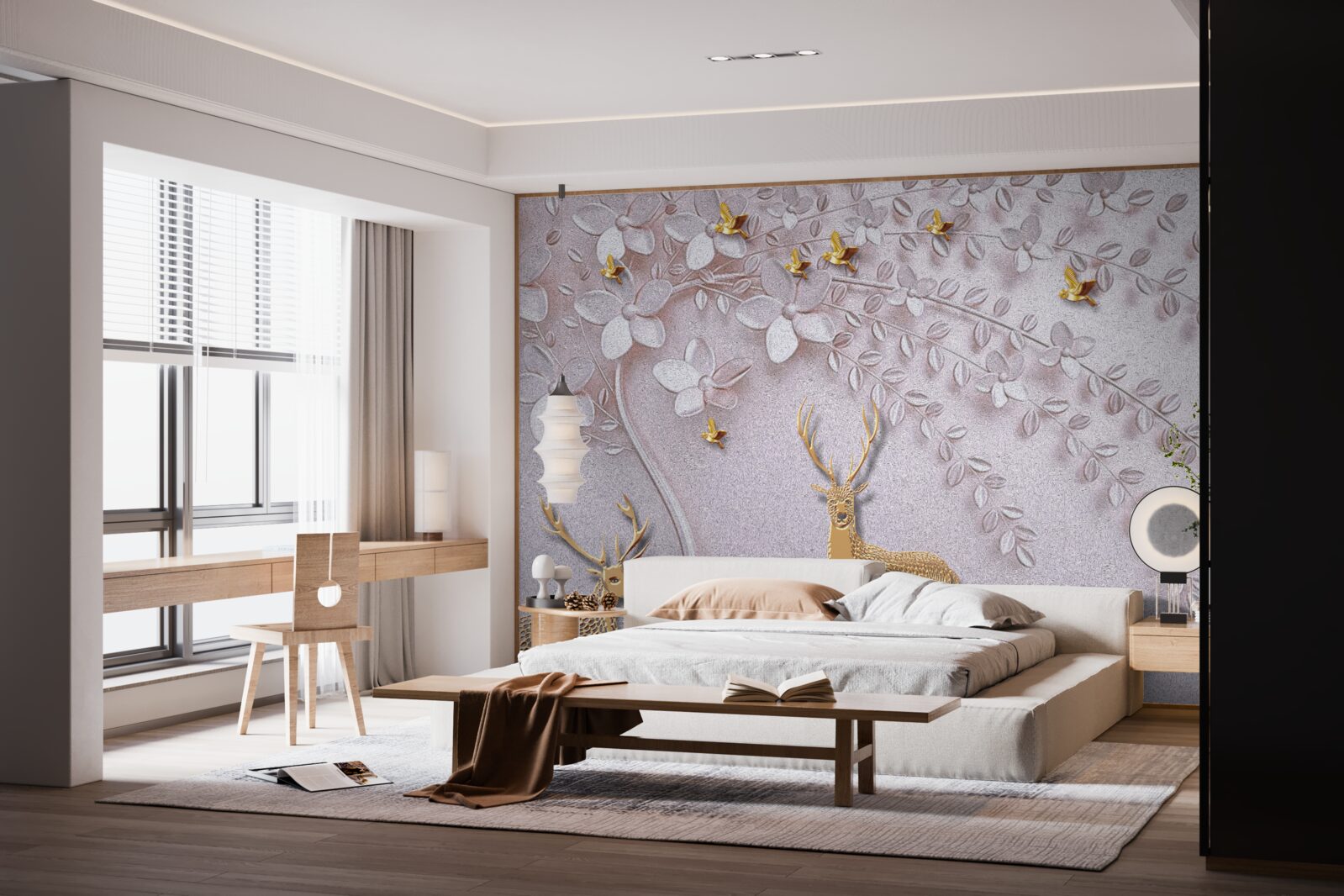 Fototapeta majestatyczny złoty jeleń w pobliżu kwitnącego drzewa