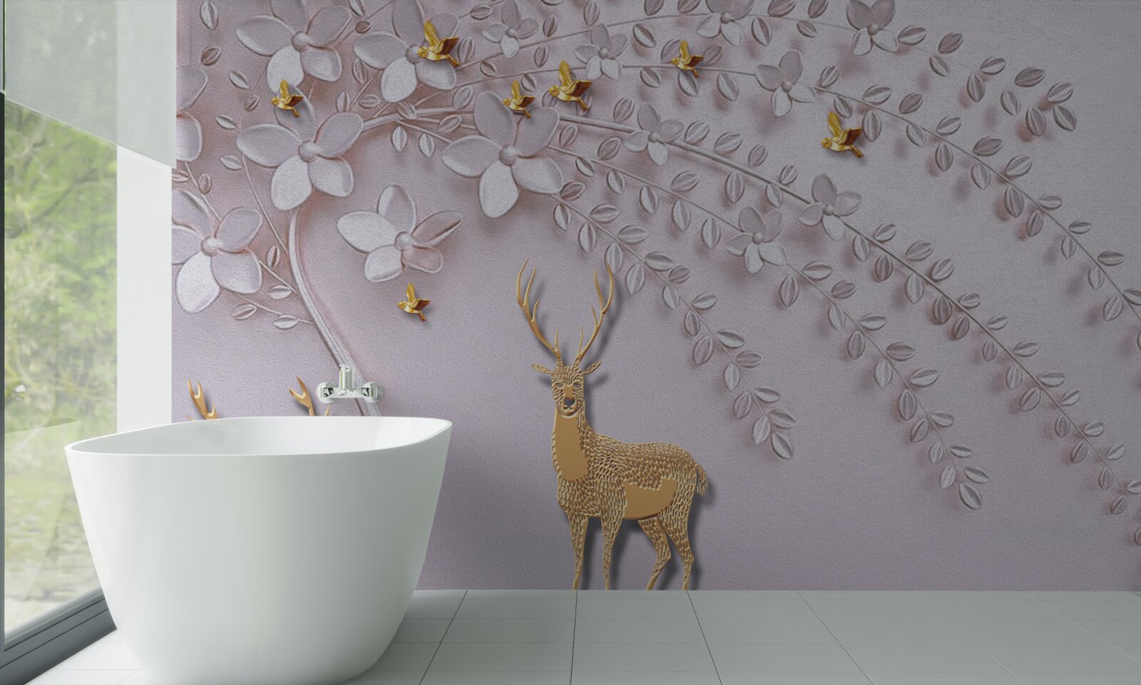 Fototapeta majestatyczny złoty jeleń w pobliżu kwitnącego drzewa