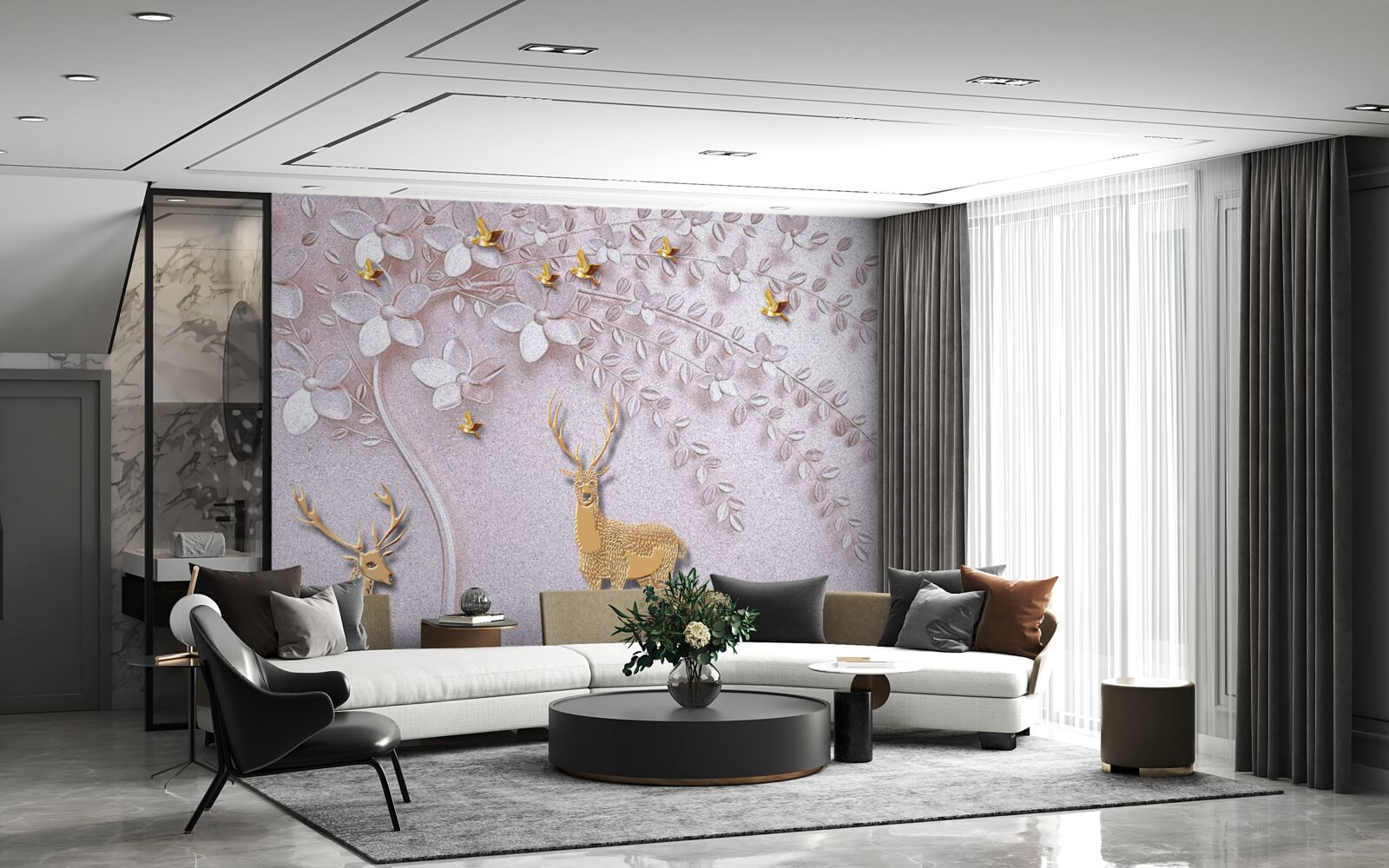 Fototapeta majestatyczny złoty jeleń w pobliżu kwitnącego drzewa