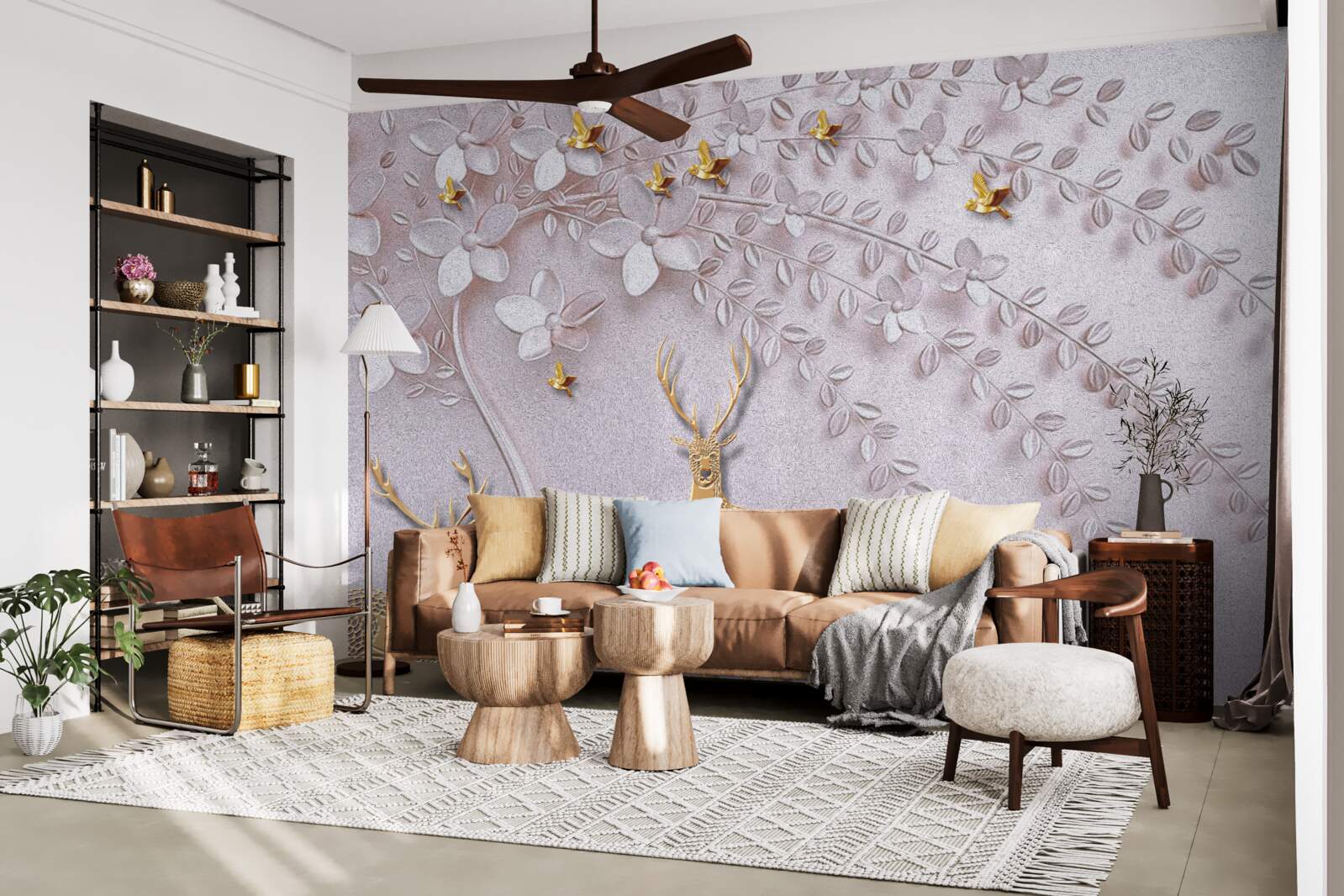 Fototapeta majestatyczny złoty jeleń w pobliżu kwitnącego drzewa