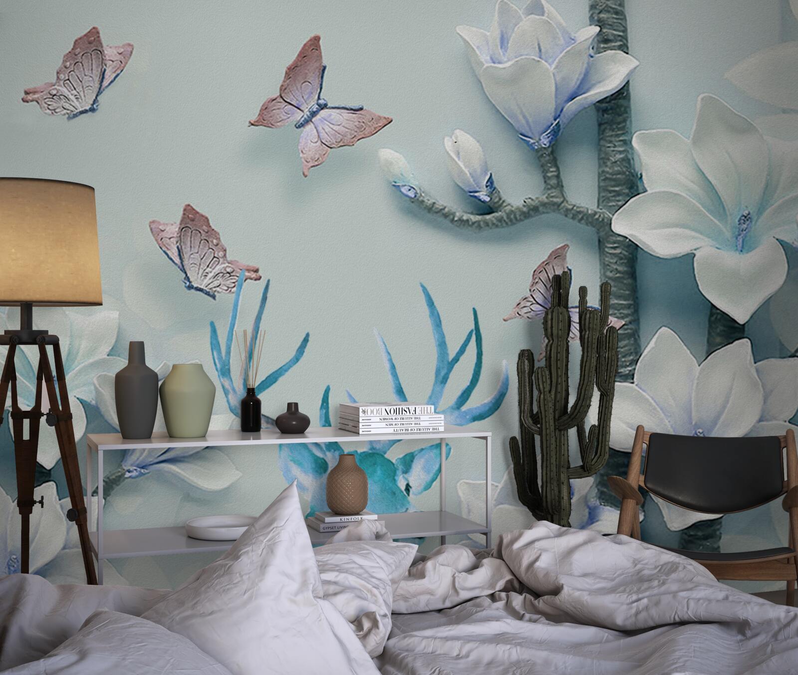 Fototapeta jeleń, biała magnolia i motyle