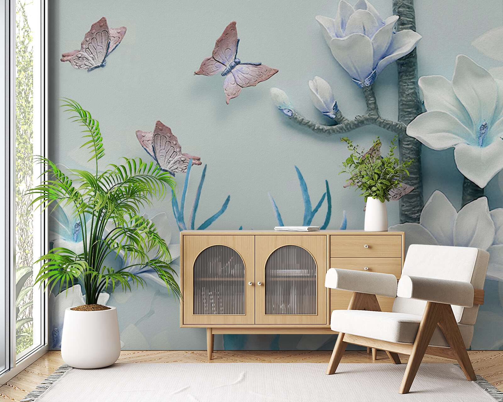 Fototapeta jeleń, biała magnolia i motyle