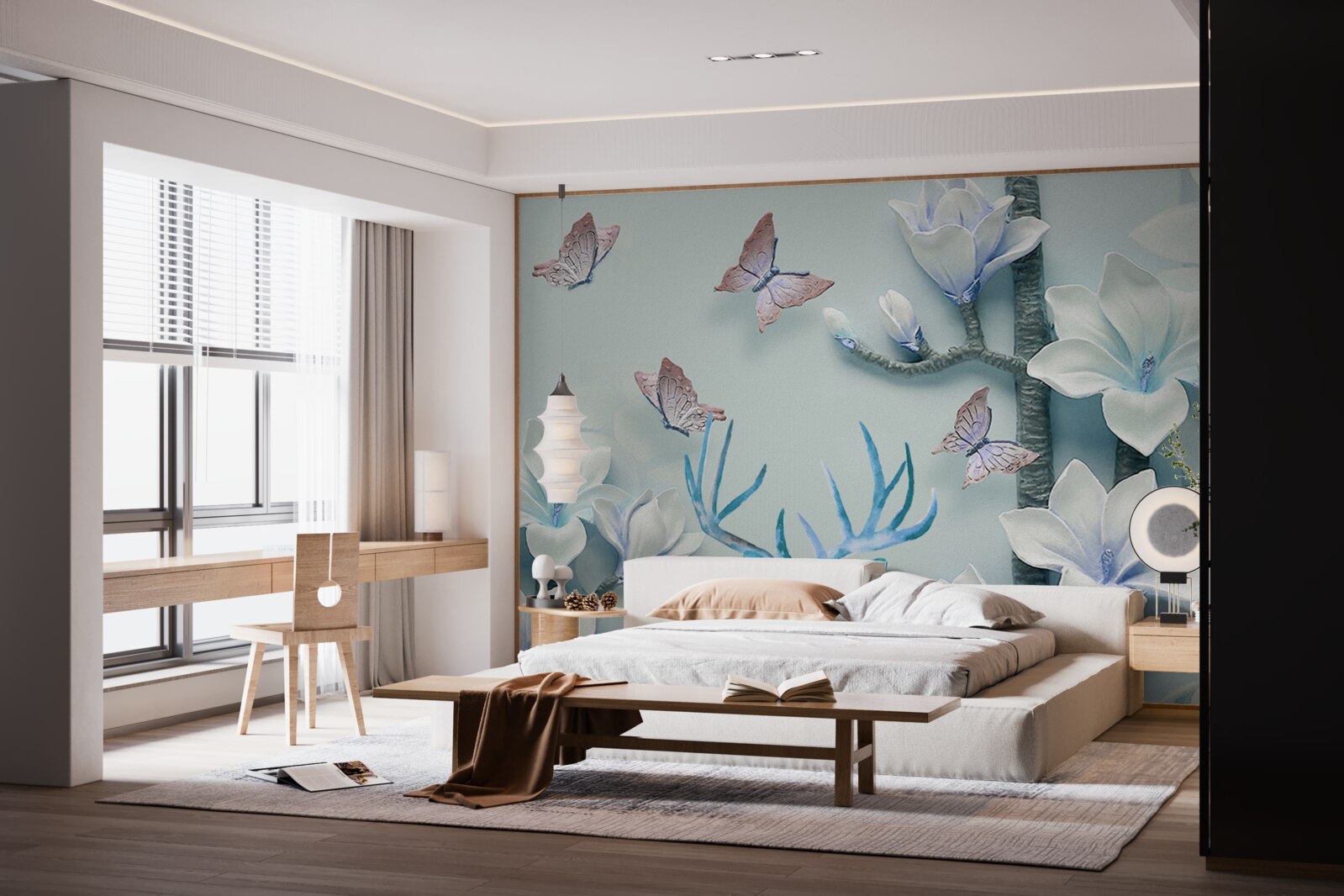 Fototapeta jeleń, biała magnolia i motyle