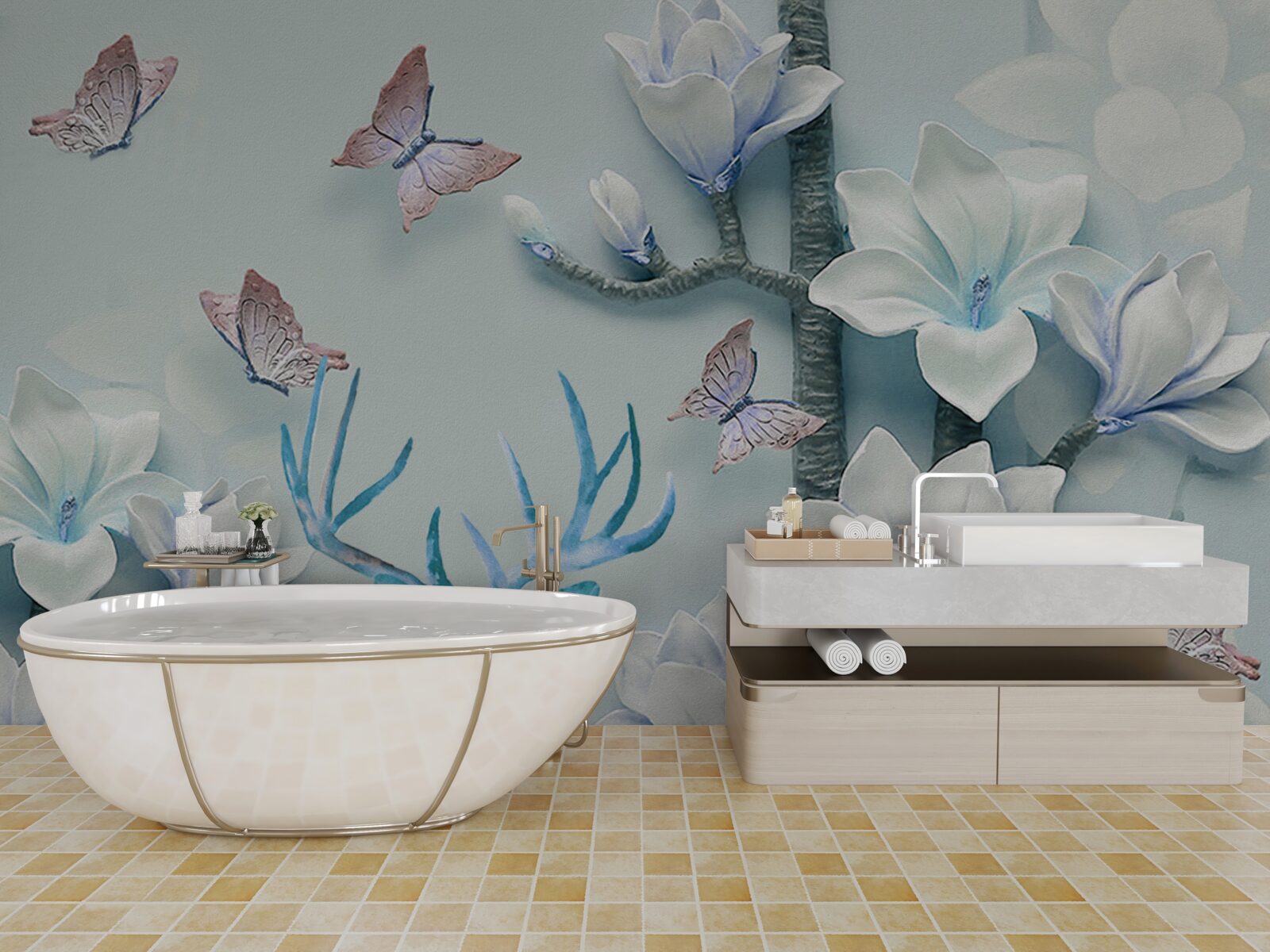 Fototapeta jeleń, biała magnolia i motyle