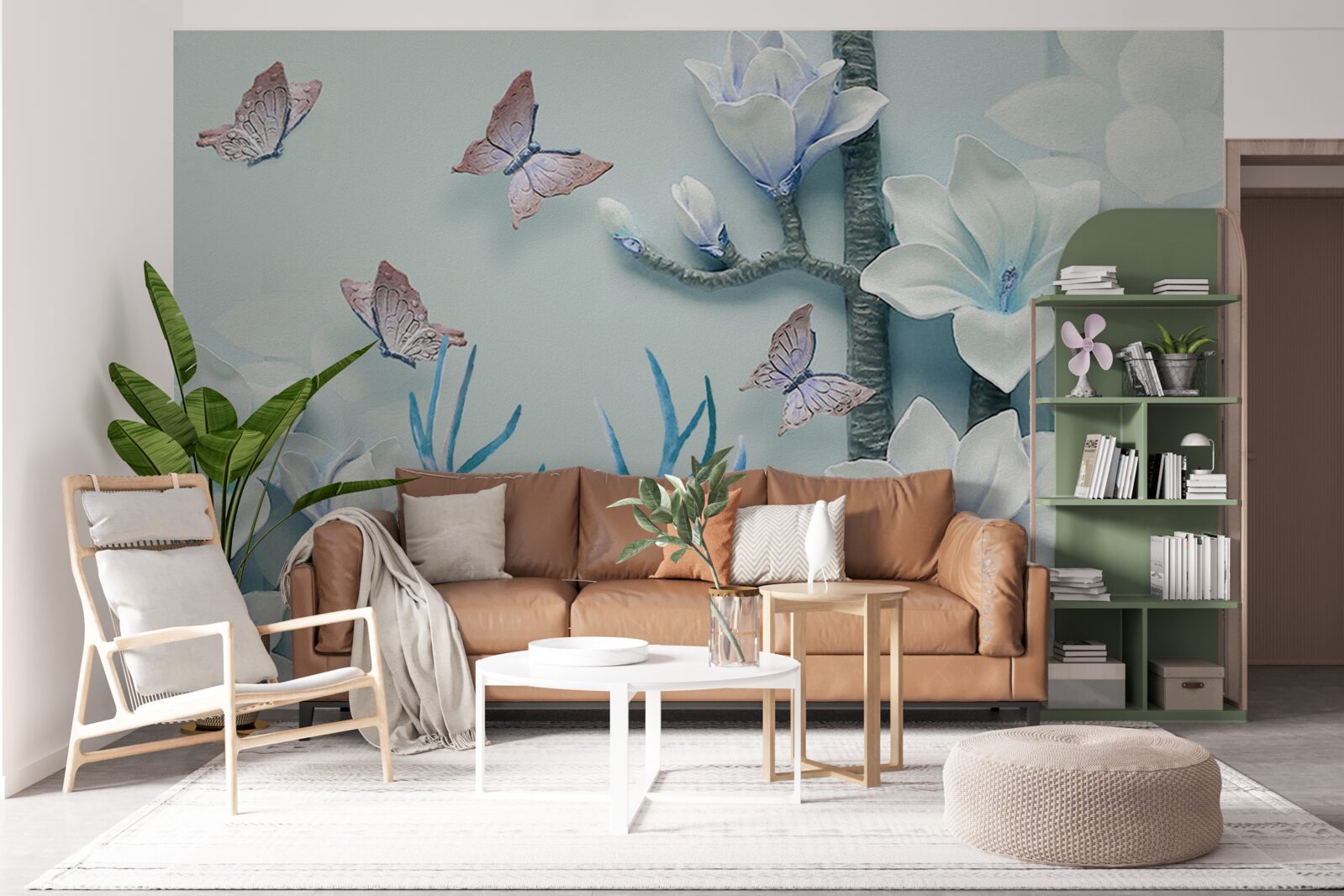 Fototapeta jeleń, biała magnolia i motyle