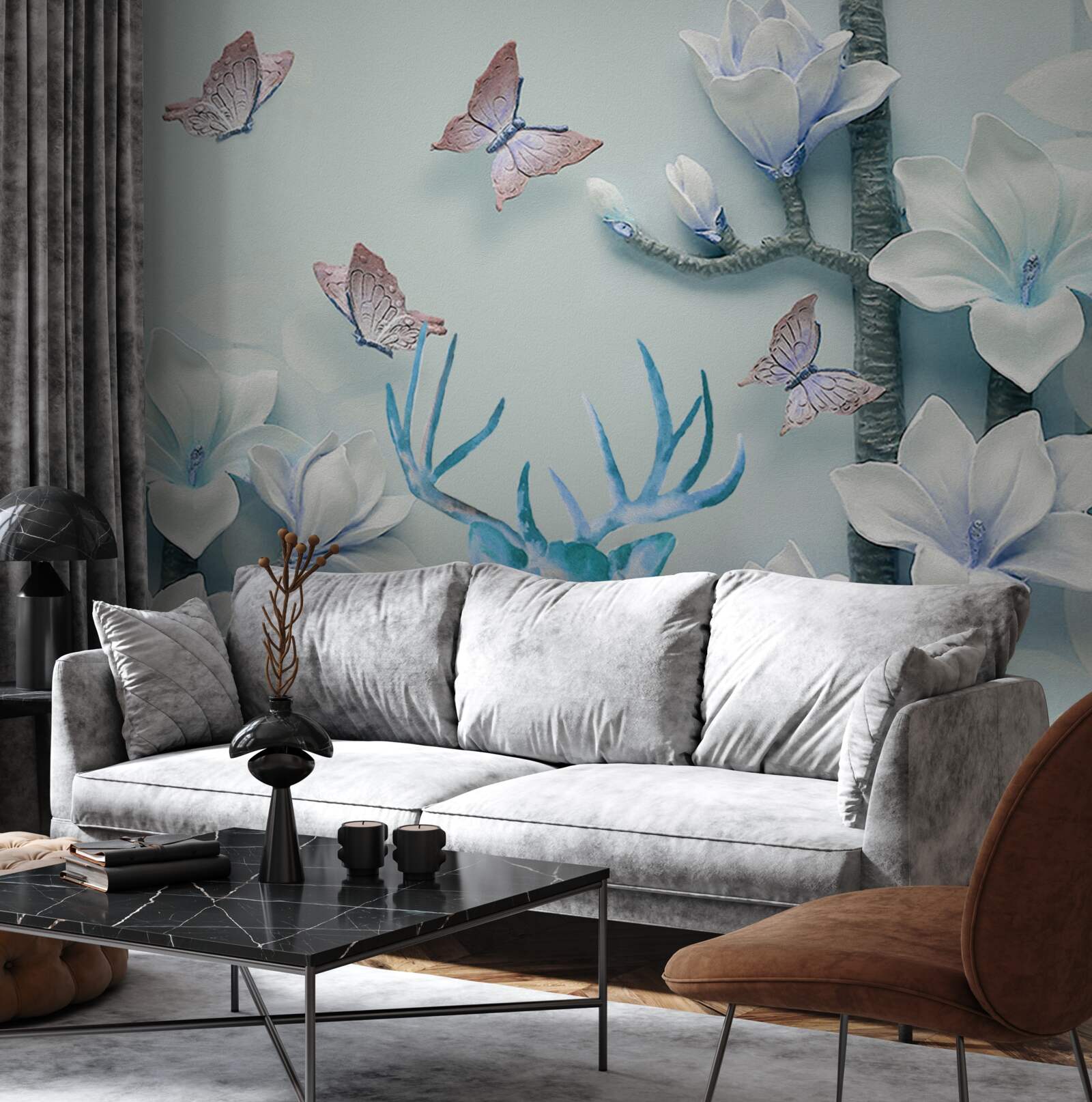 Fototapeta jeleń, biała magnolia i motyle