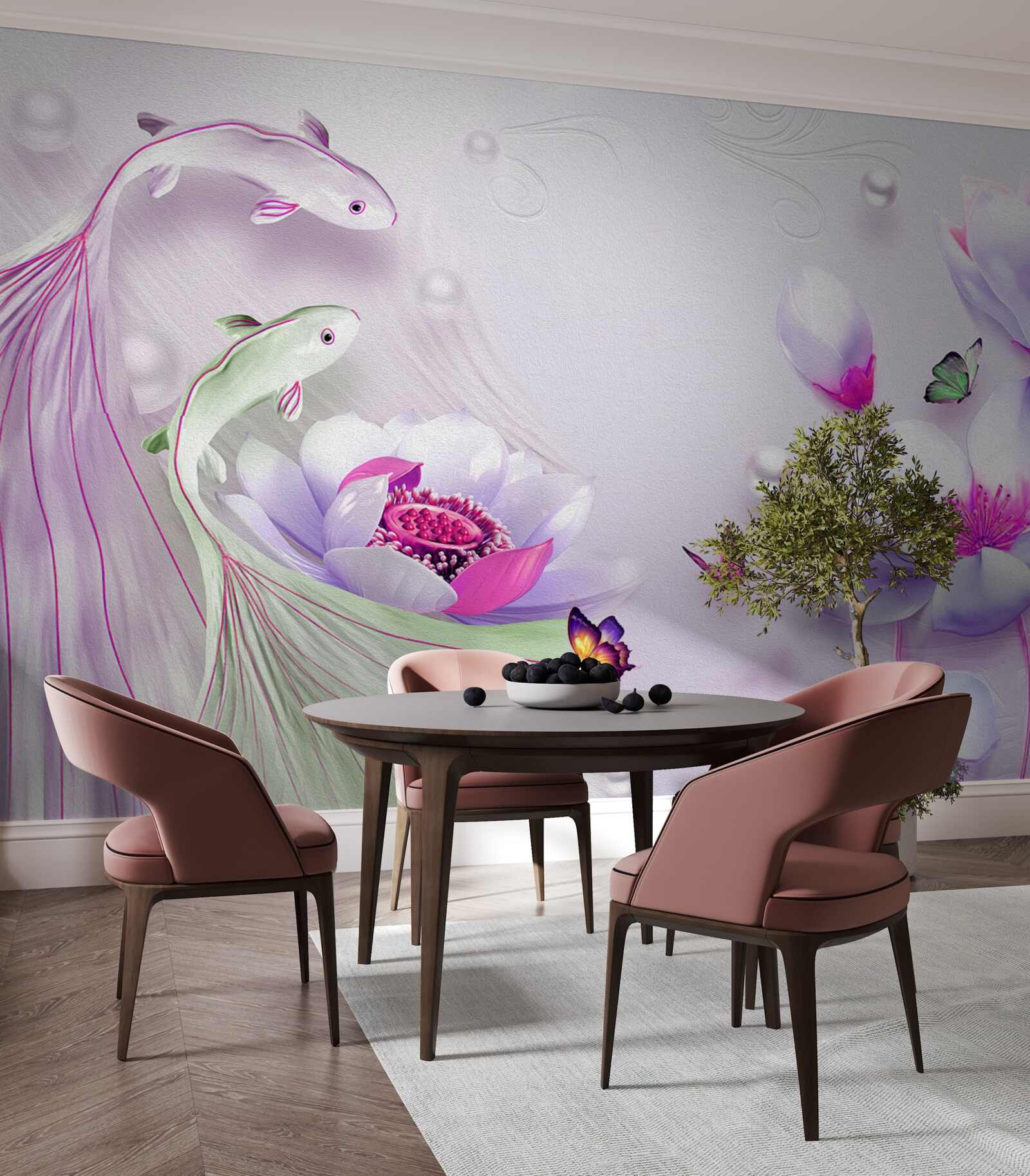 Fototapeta Śnieżnobiała magnolia i małe ryby