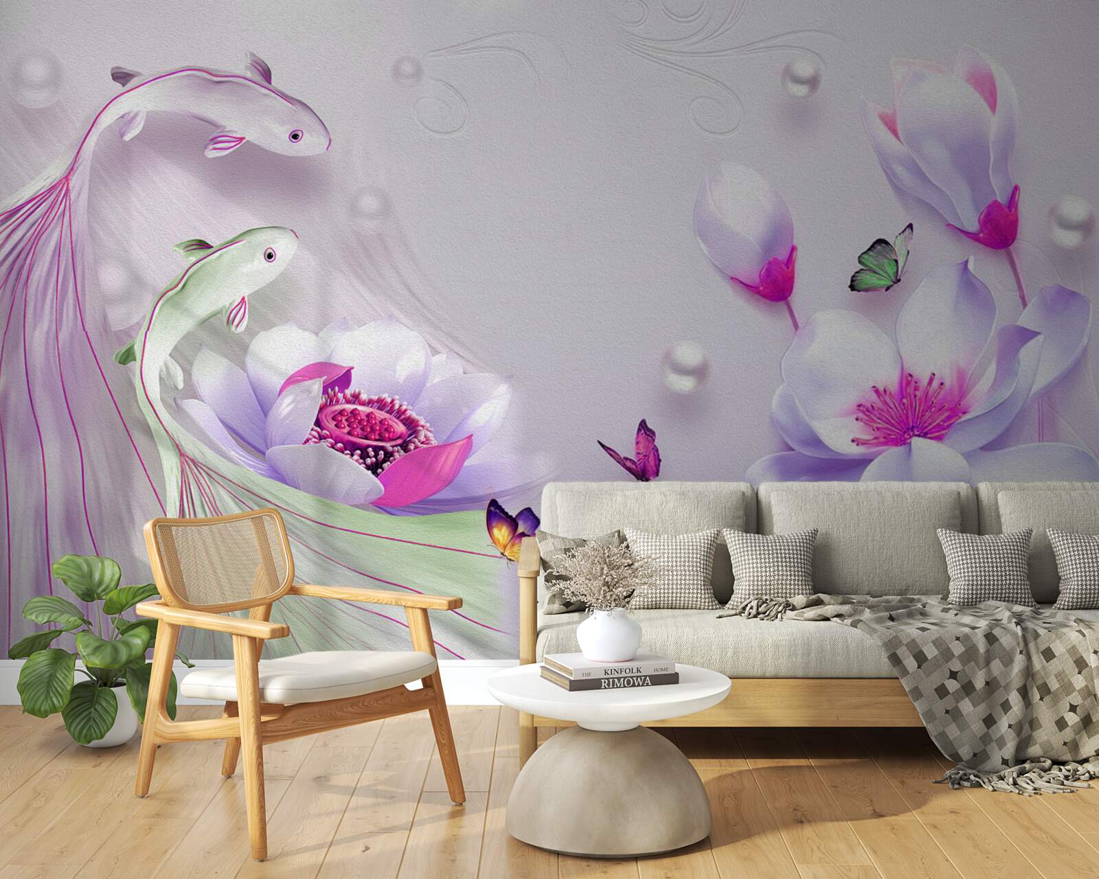 Fototapeta Śnieżnobiała magnolia i małe ryby