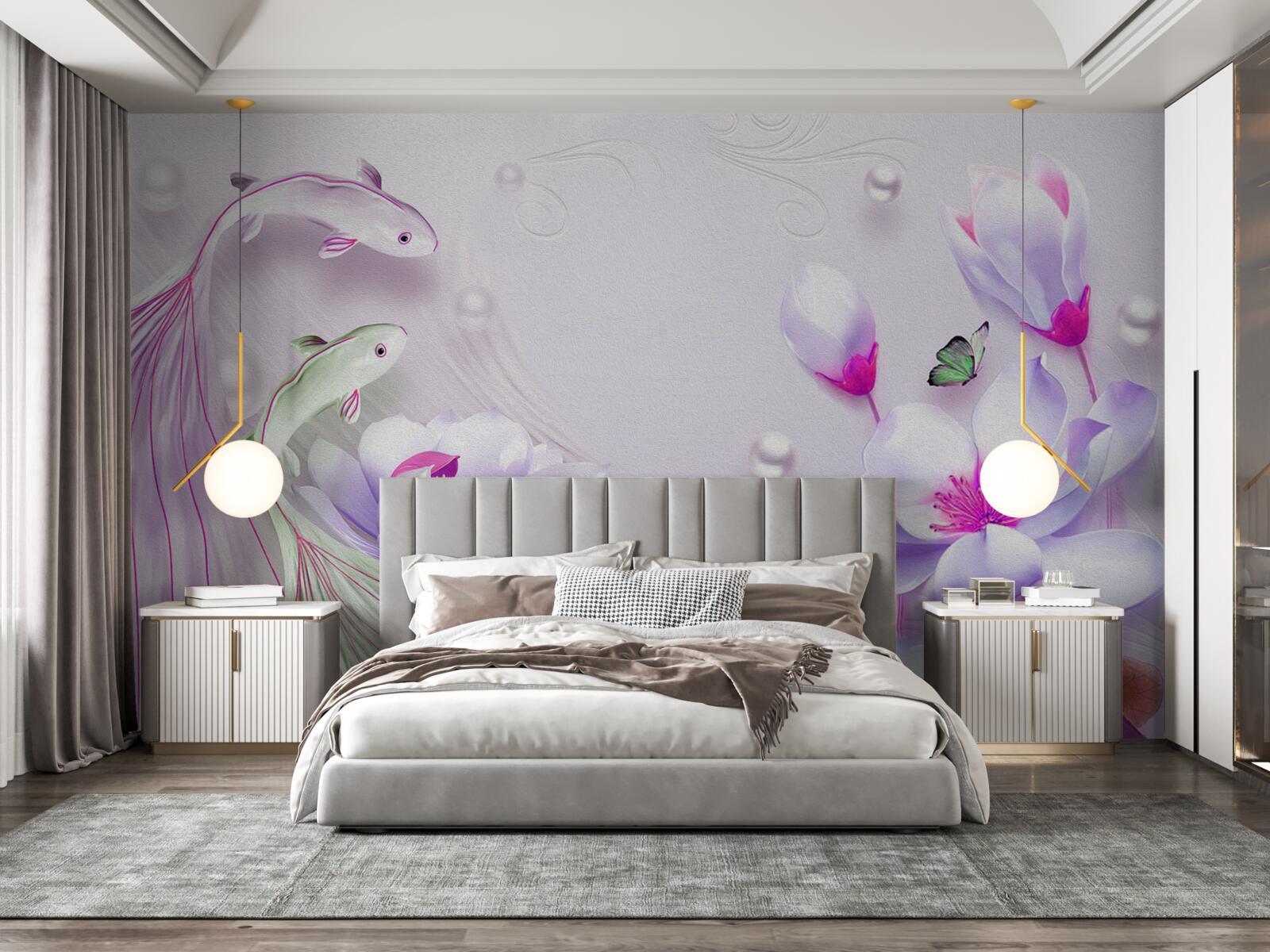 Fototapeta Śnieżnobiała magnolia i małe ryby