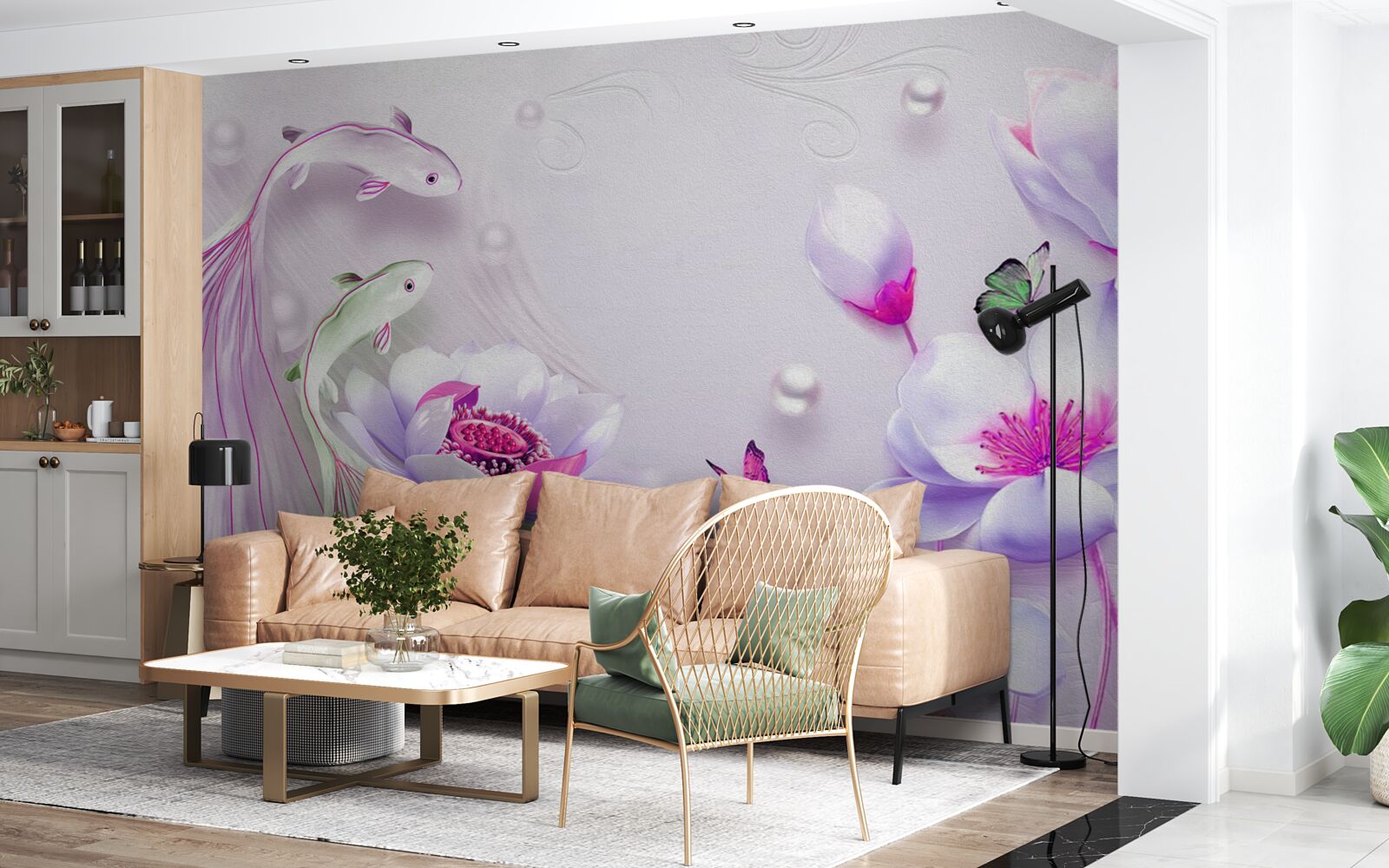 Fototapeta Śnieżnobiała magnolia i małe ryby