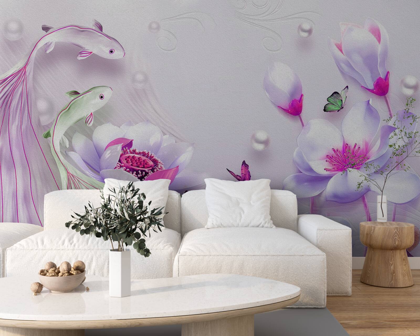 Fototapeta Śnieżnobiała magnolia i małe ryby