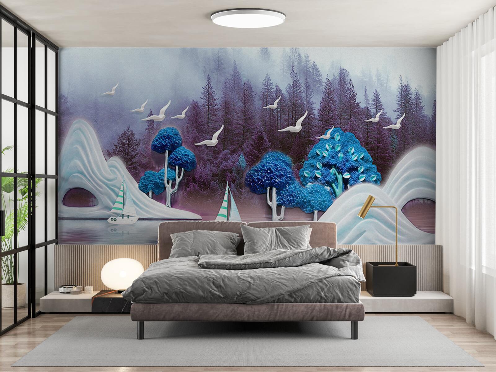 Fototapeta statki na żaglach płyną przez ciemne jezioro