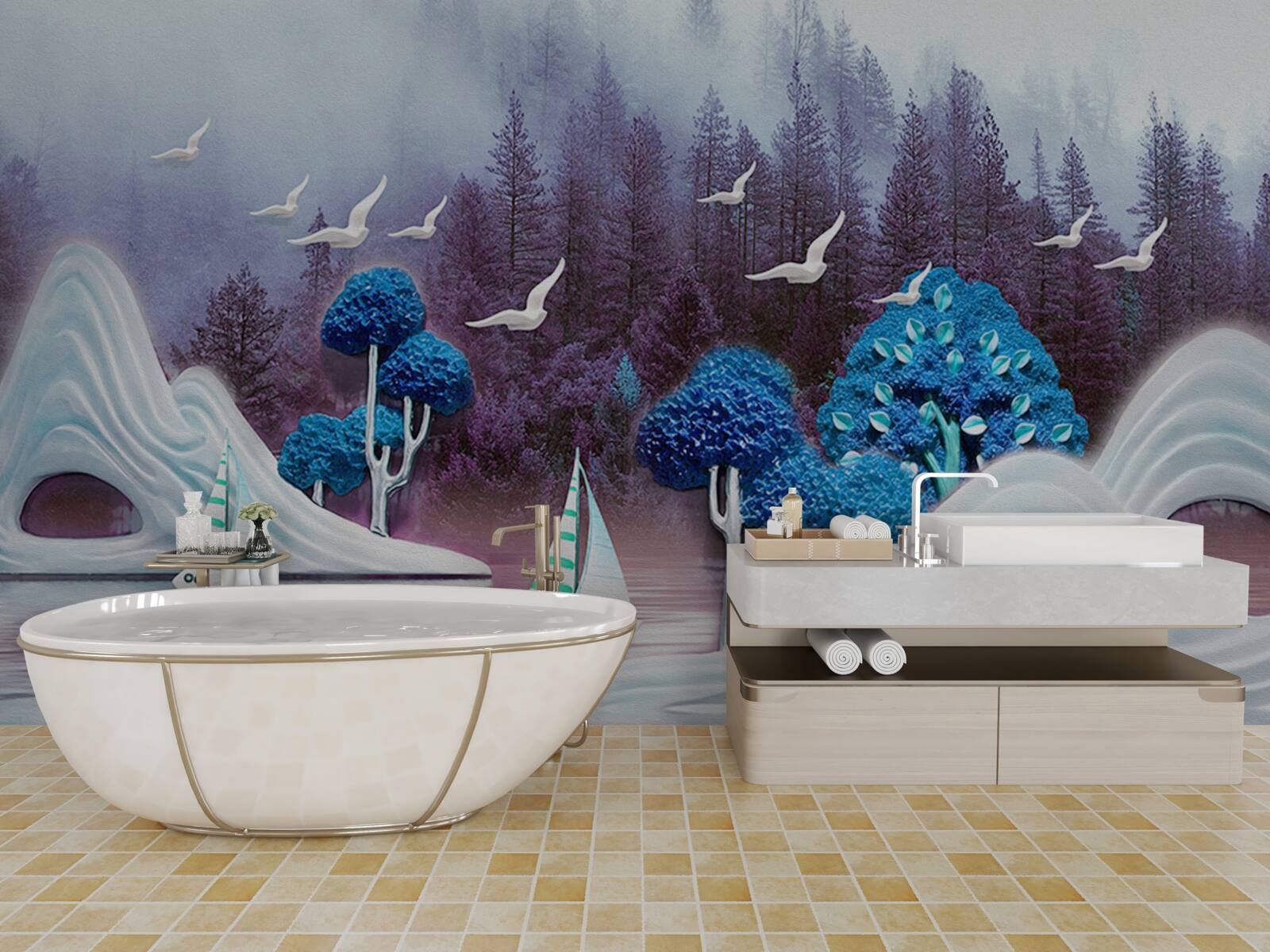 Fototapeta statki na żaglach płyną przez ciemne jezioro