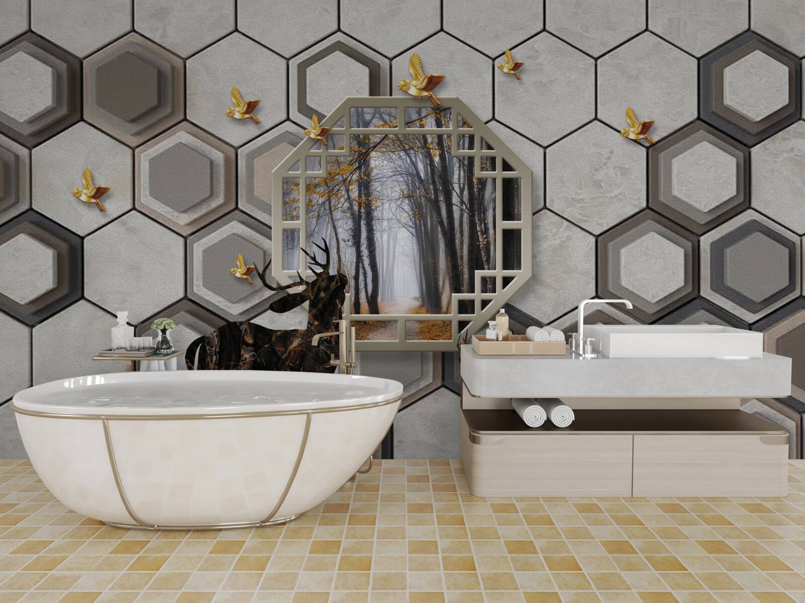 Fototapeta jeleń na tle lasu utworzony za pomocą mozaiki