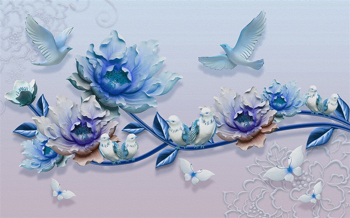 Fototapeta gałąź opleciona niebieskimi kwiatami to raj dla gołębi