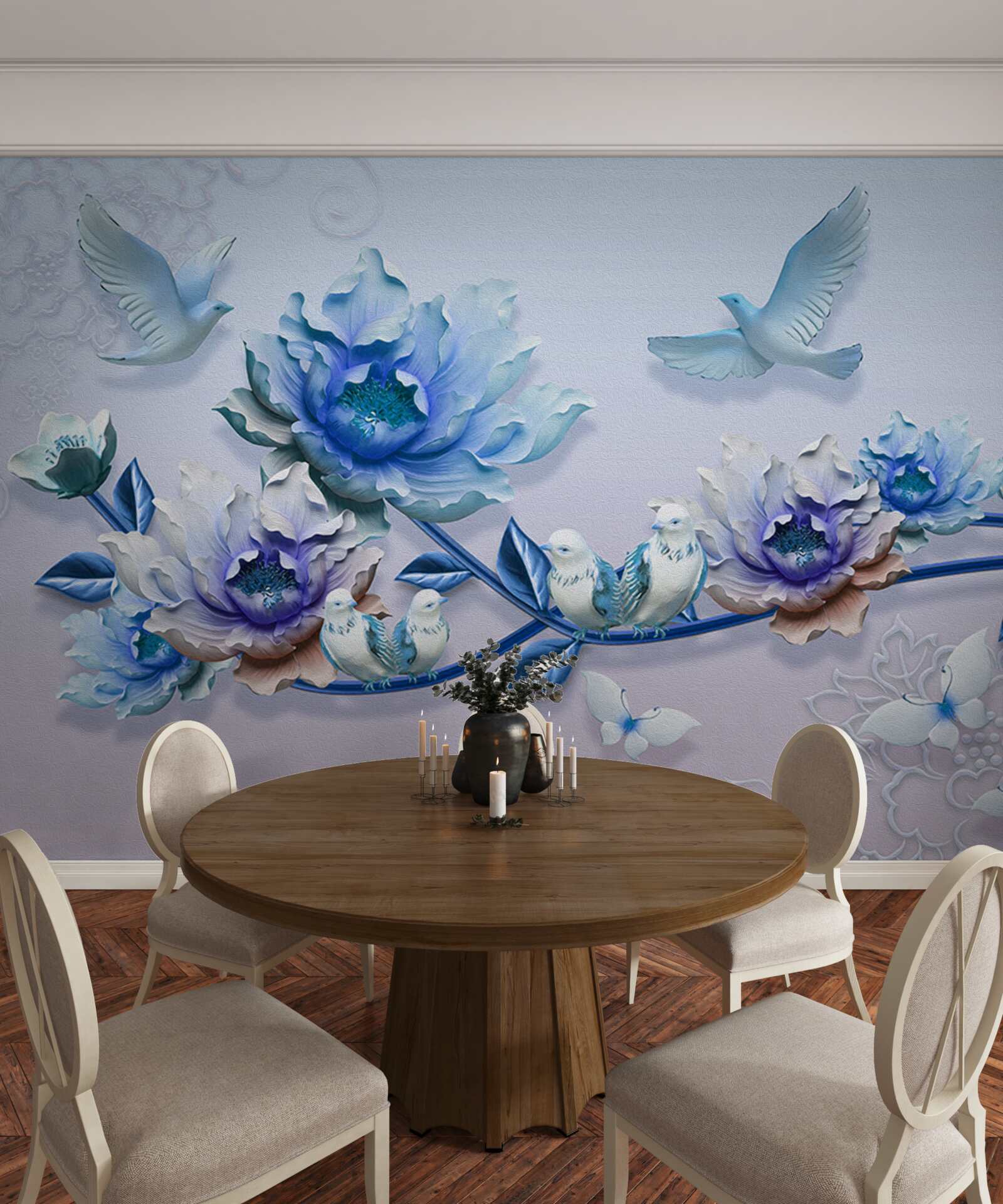 Fototapeta gałąź opleciona niebieskimi kwiatami to raj dla gołębi