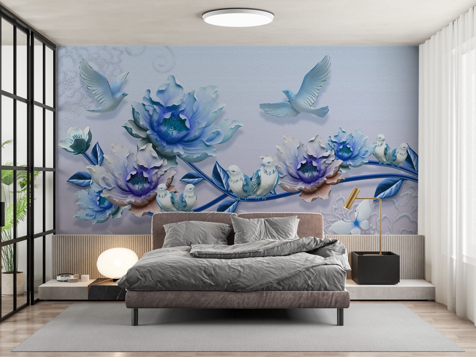 Fototapeta gałąź opleciona niebieskimi kwiatami to raj dla gołębi