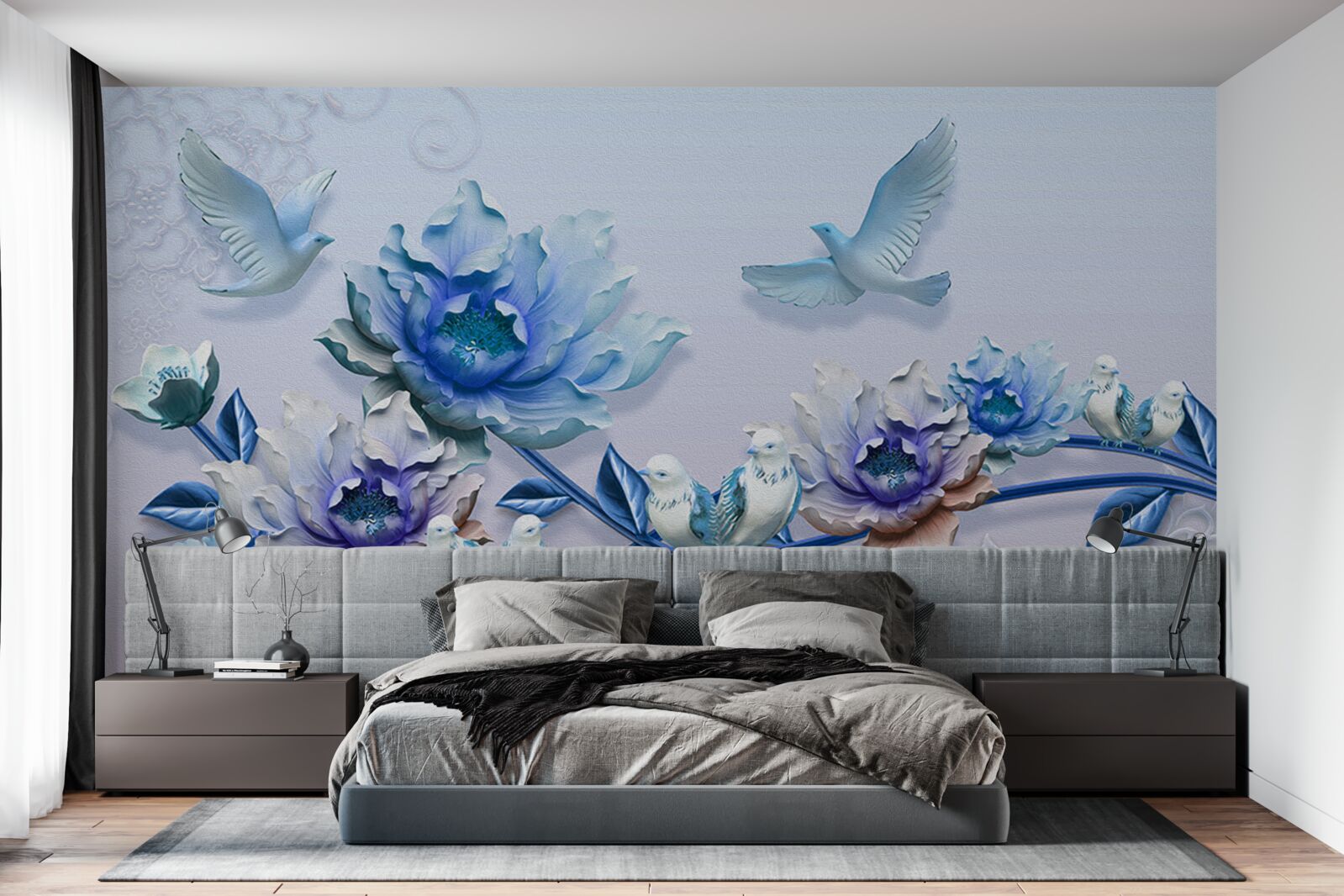 Fototapeta gałąź opleciona niebieskimi kwiatami to raj dla gołębi