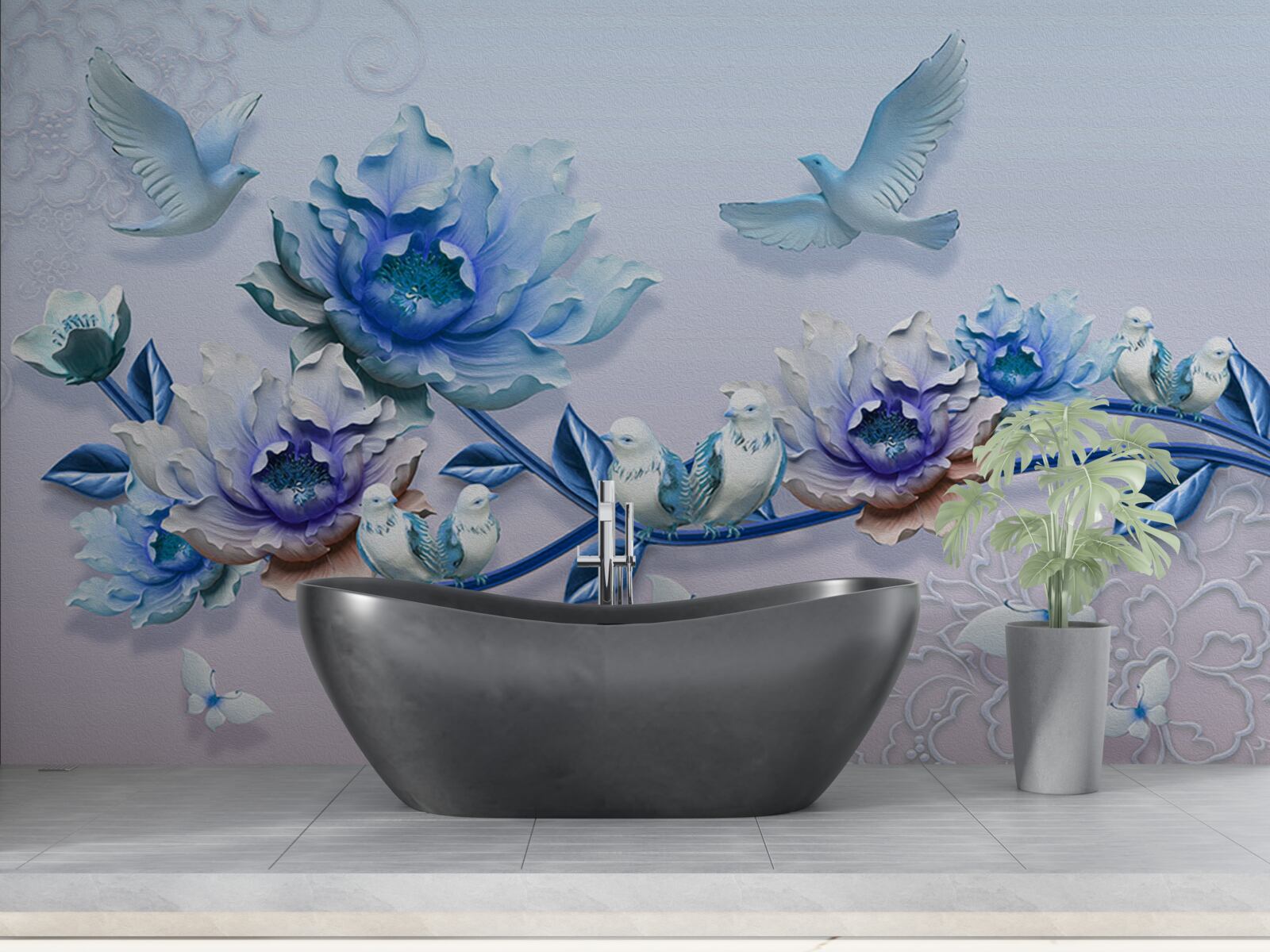 Fototapeta gałąź opleciona niebieskimi kwiatami to raj dla gołębi