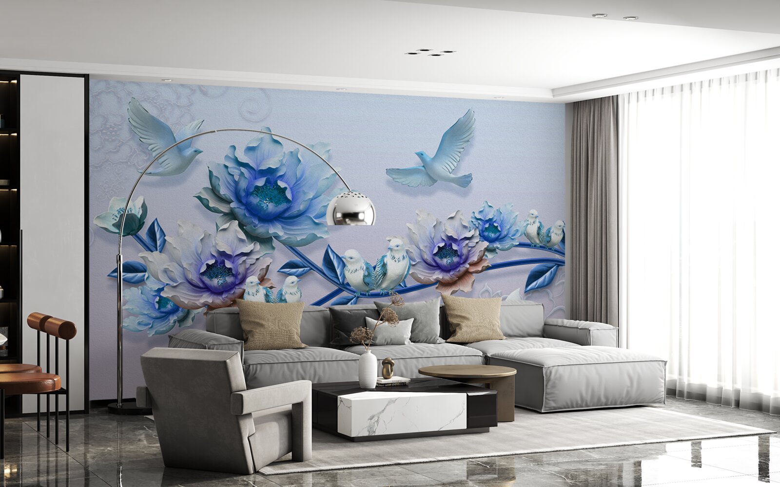 Fototapeta gałąź opleciona niebieskimi kwiatami to raj dla gołębi