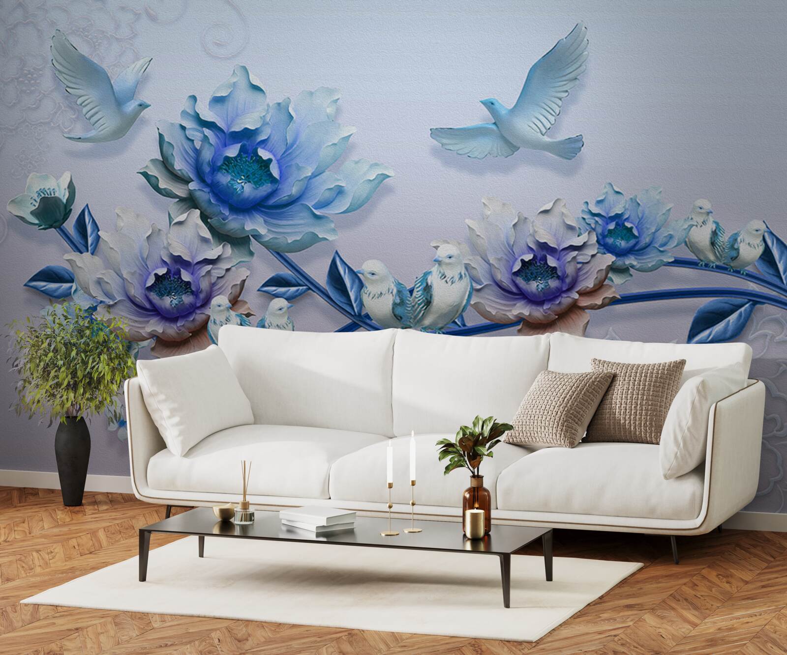 Fototapeta gałąź opleciona niebieskimi kwiatami to raj dla gołębi