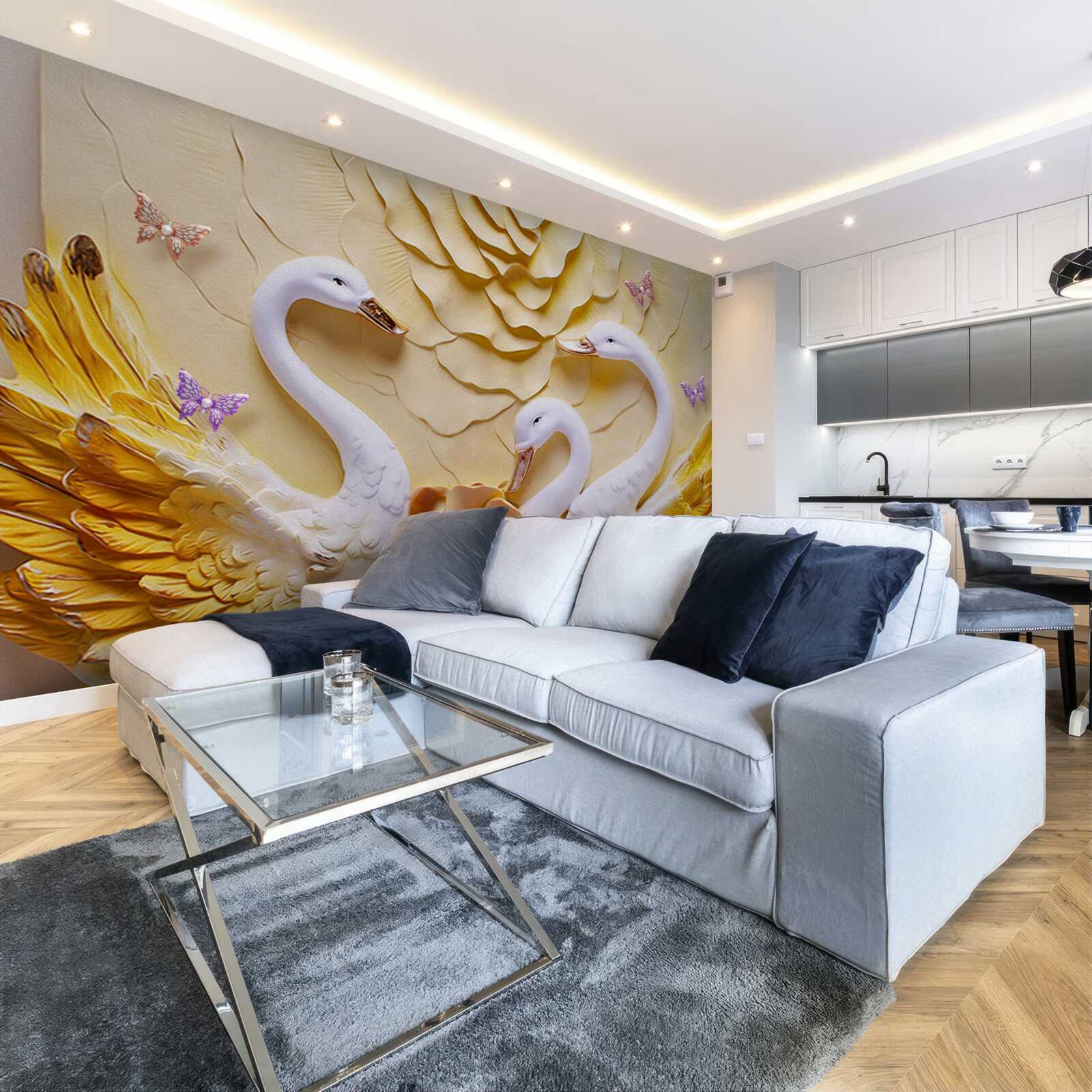 Fototapeta łabędzie są białe ze skrzydłami oplecionymi złotem